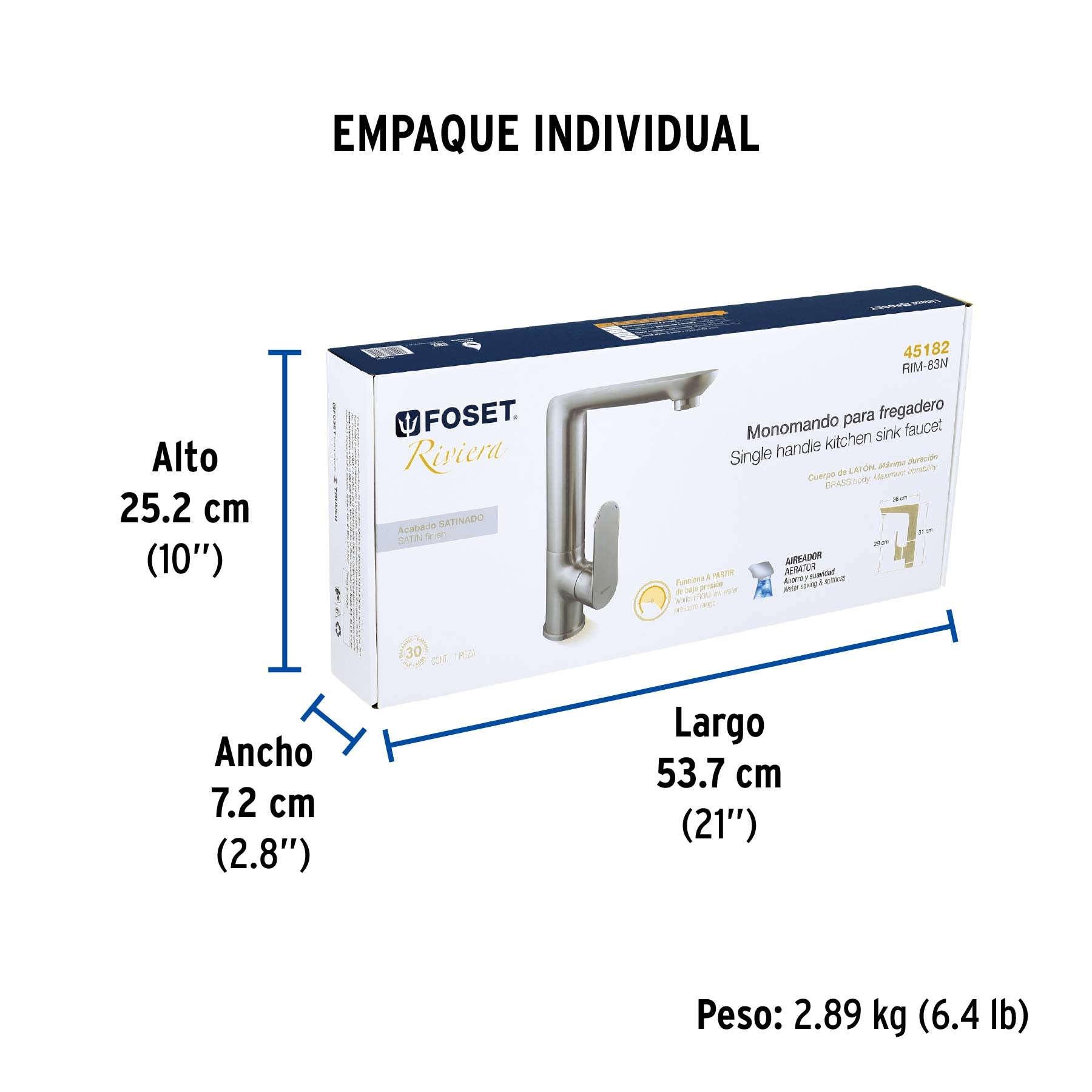 Monomando cuello alto para fregadero, satín, FOSET RIVIERA - Empaque