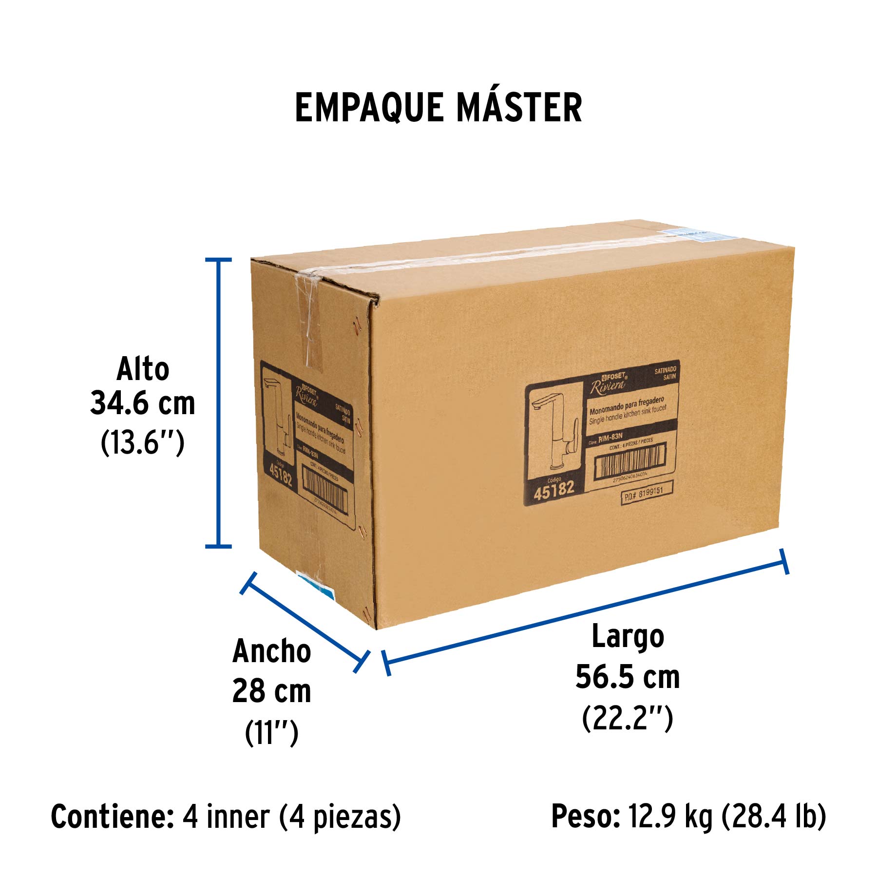 Monomando cuello alto para fregadero, satín, FOSET RIVIERA - Empaque