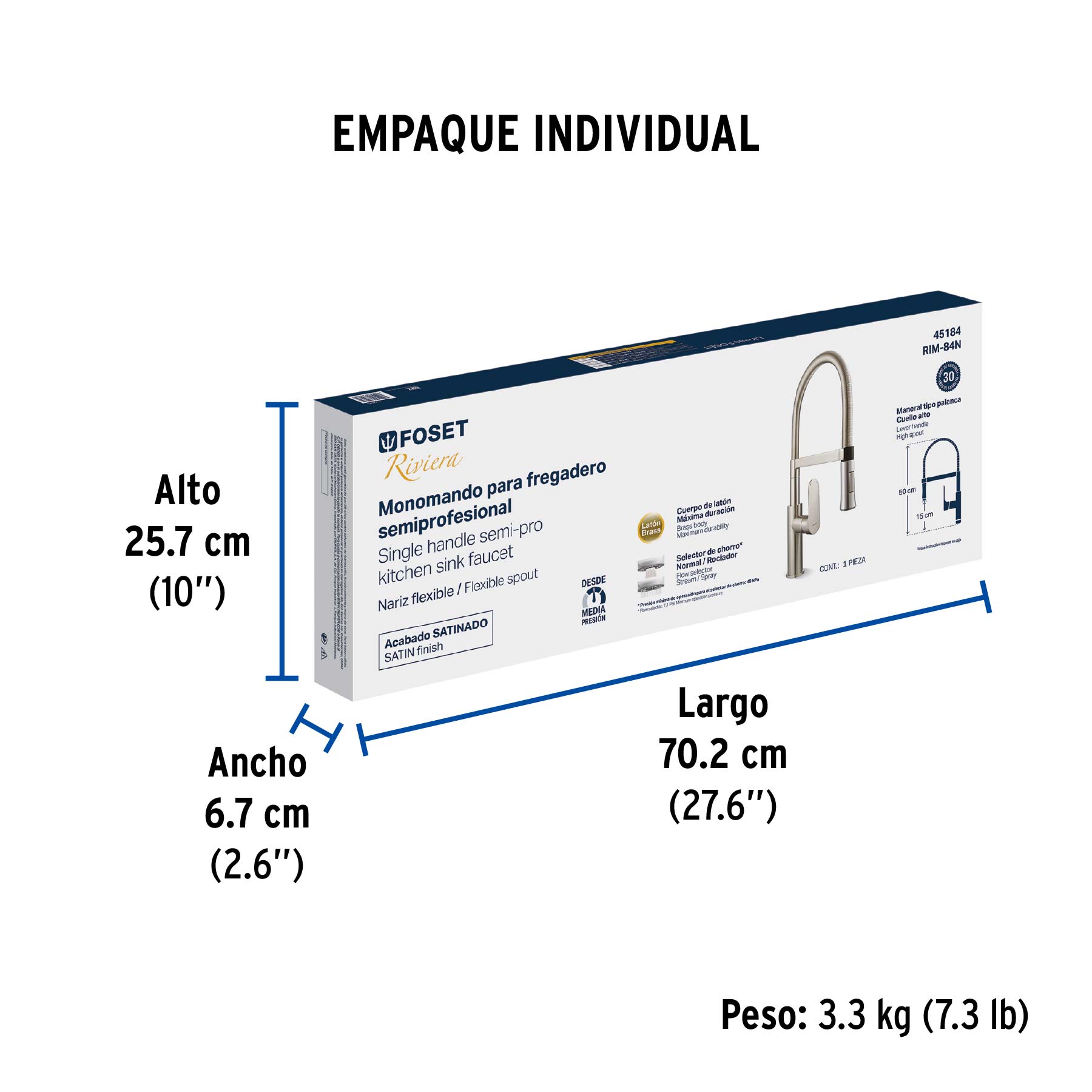 Monomando nariz flexible para fregadero, satín,FOSET RIVIERA - Empaque