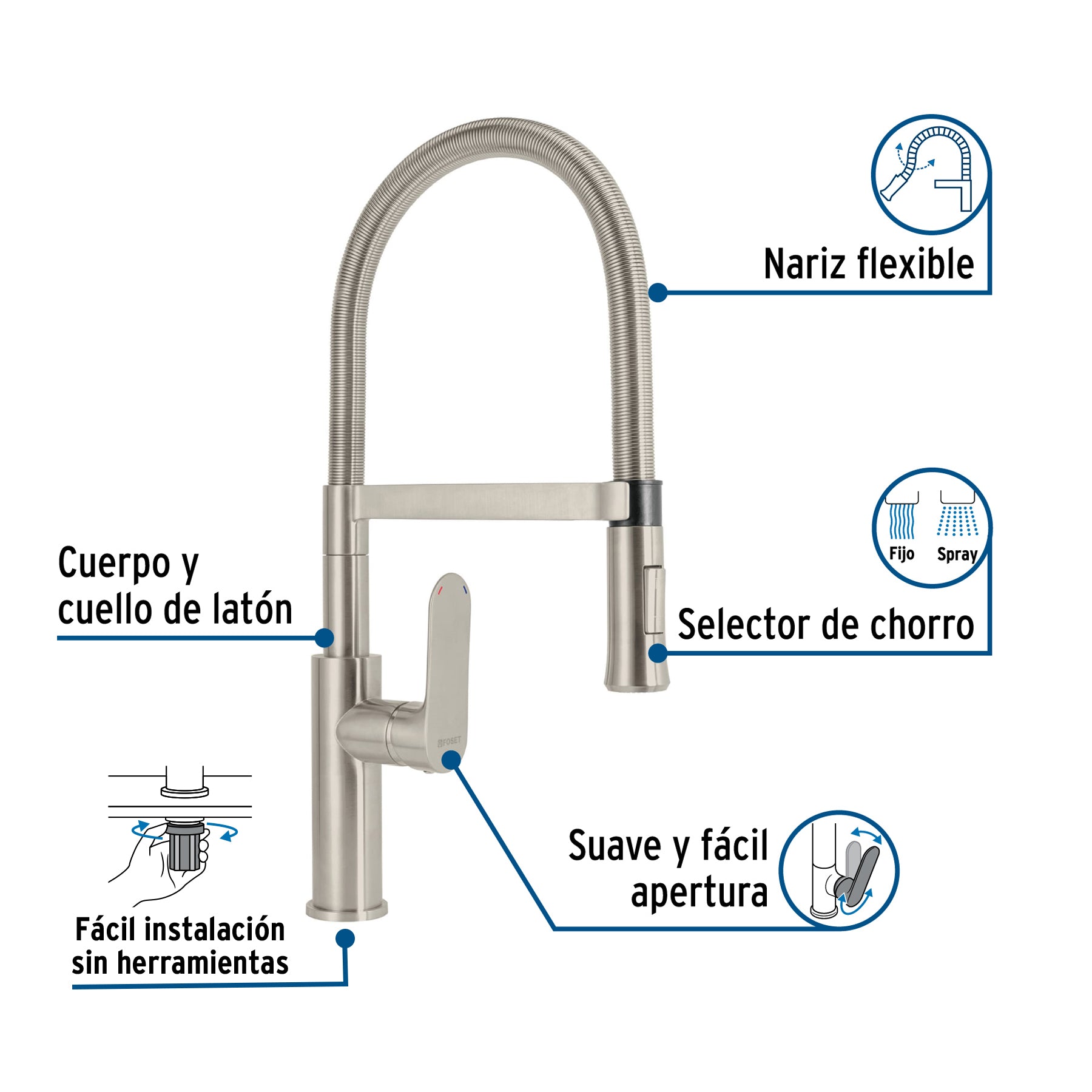 Monomando nariz flexible para fregadero, satín,FOSET RIVIERA