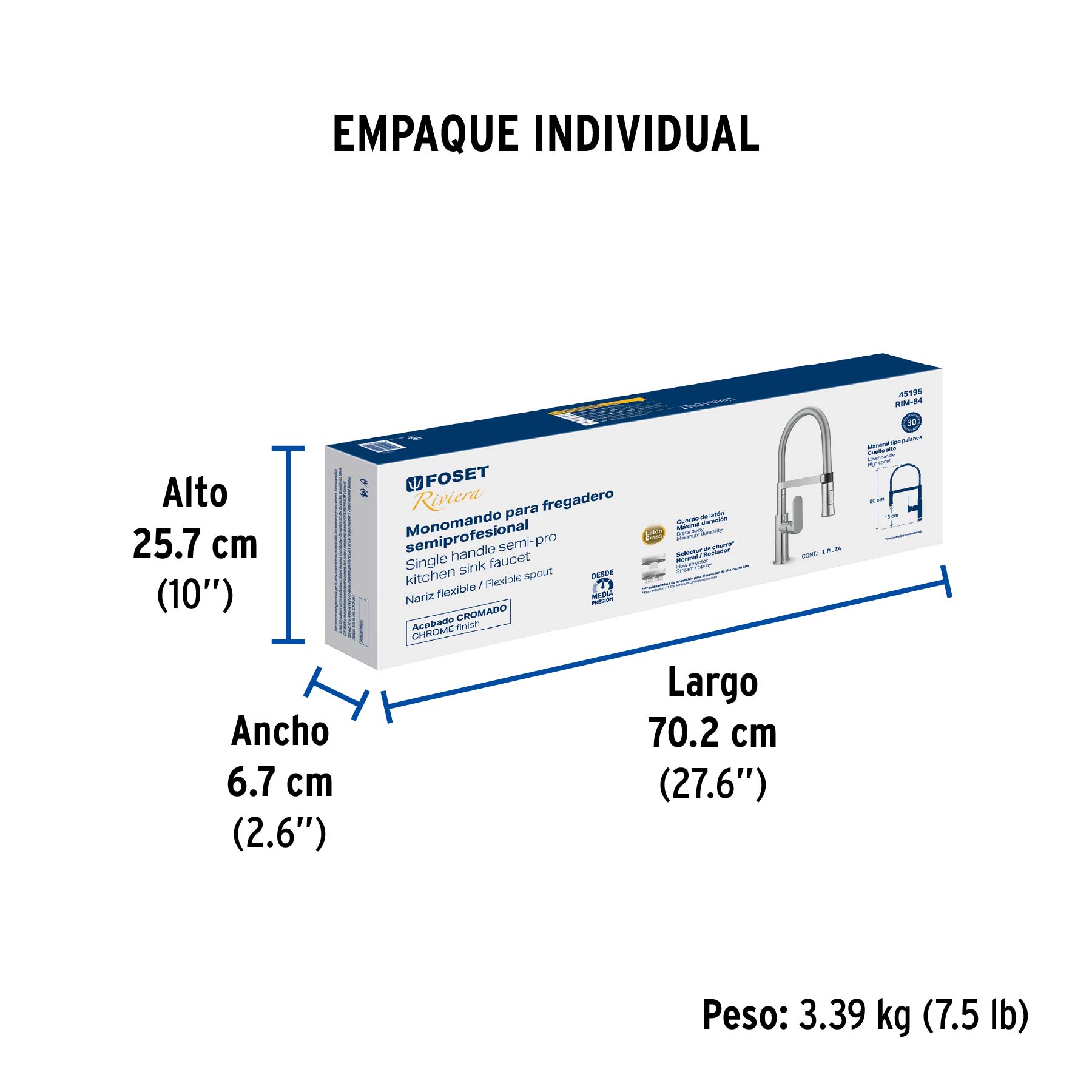 Monomando nariz flexible para fregadero, cromo,FOSET RIVIERA - Empaque
