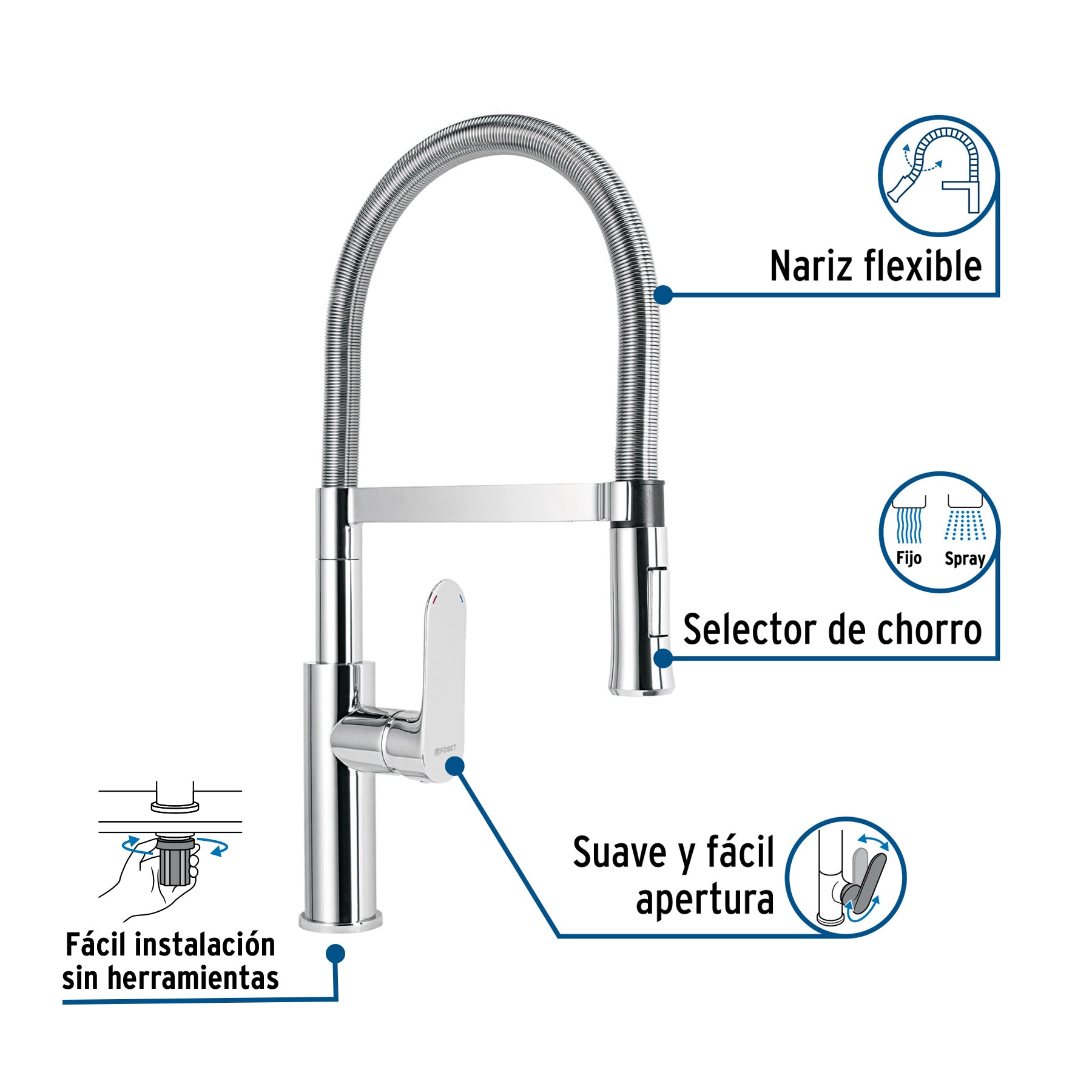 Monomando nariz flexible para fregadero, cromo,FOSET RIVIERA