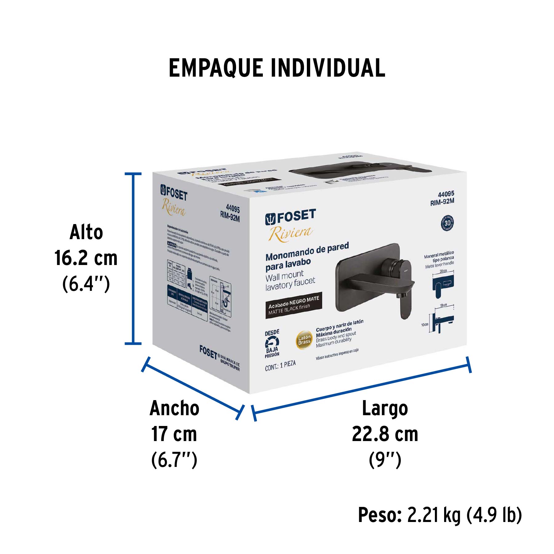 Monomando a pared para lavabo, negro, FOSET RIVIERA - Empaque