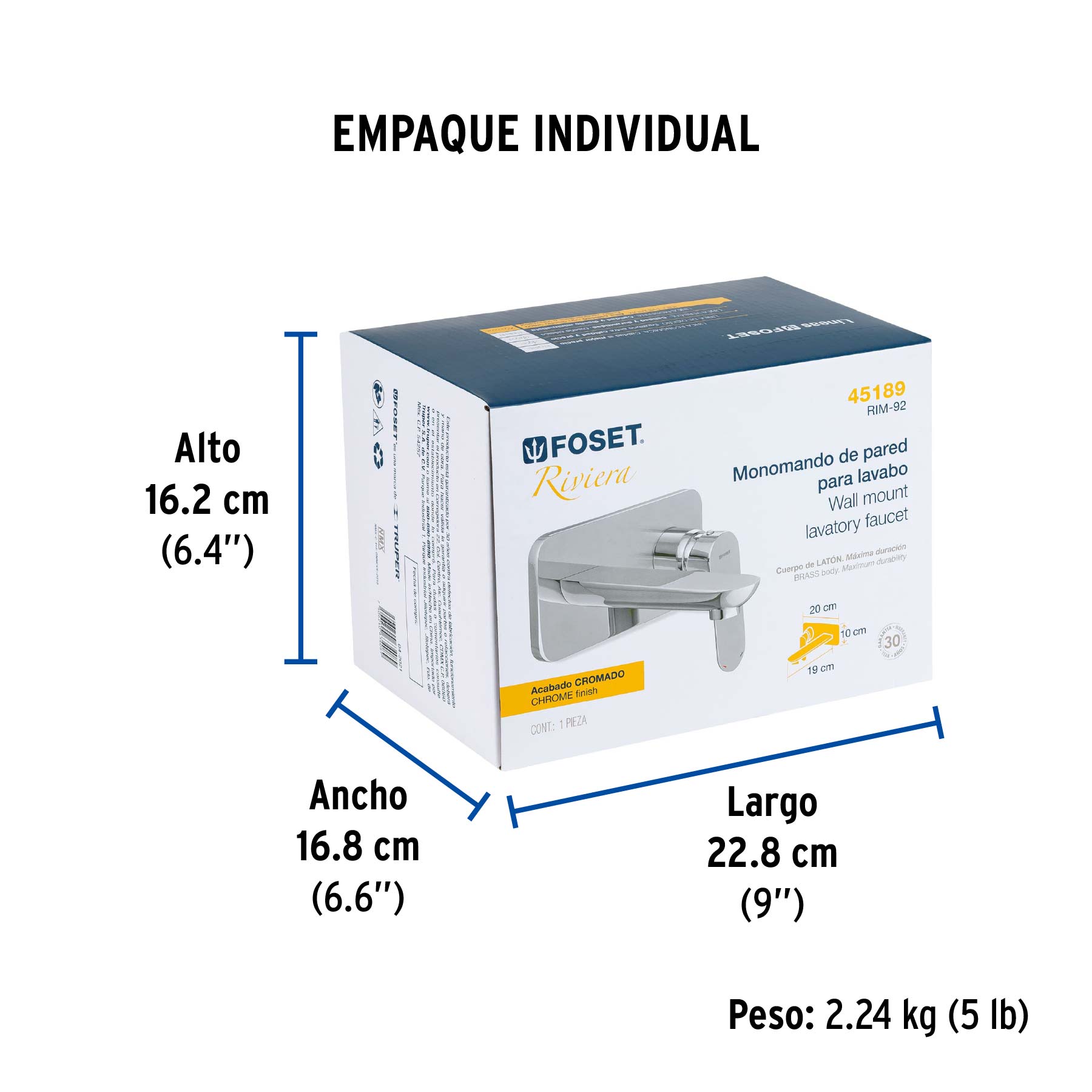 Monomando a pared para lavabo, cromo, FOSET RIVIERA - Empaque