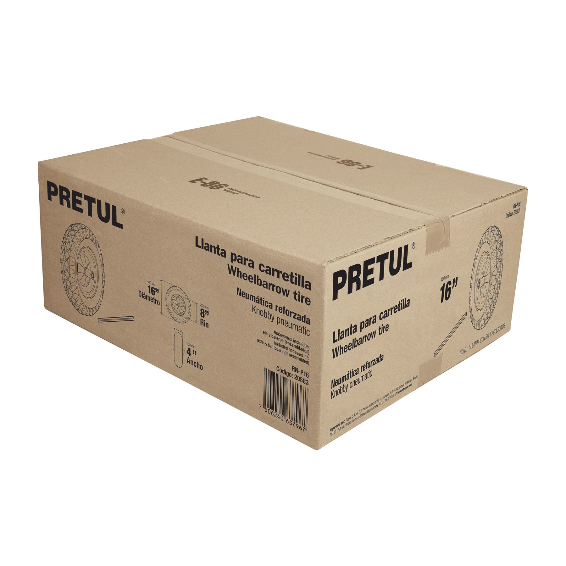 Llanta completa neumática 16", incluye eje y baleros, PRETUL