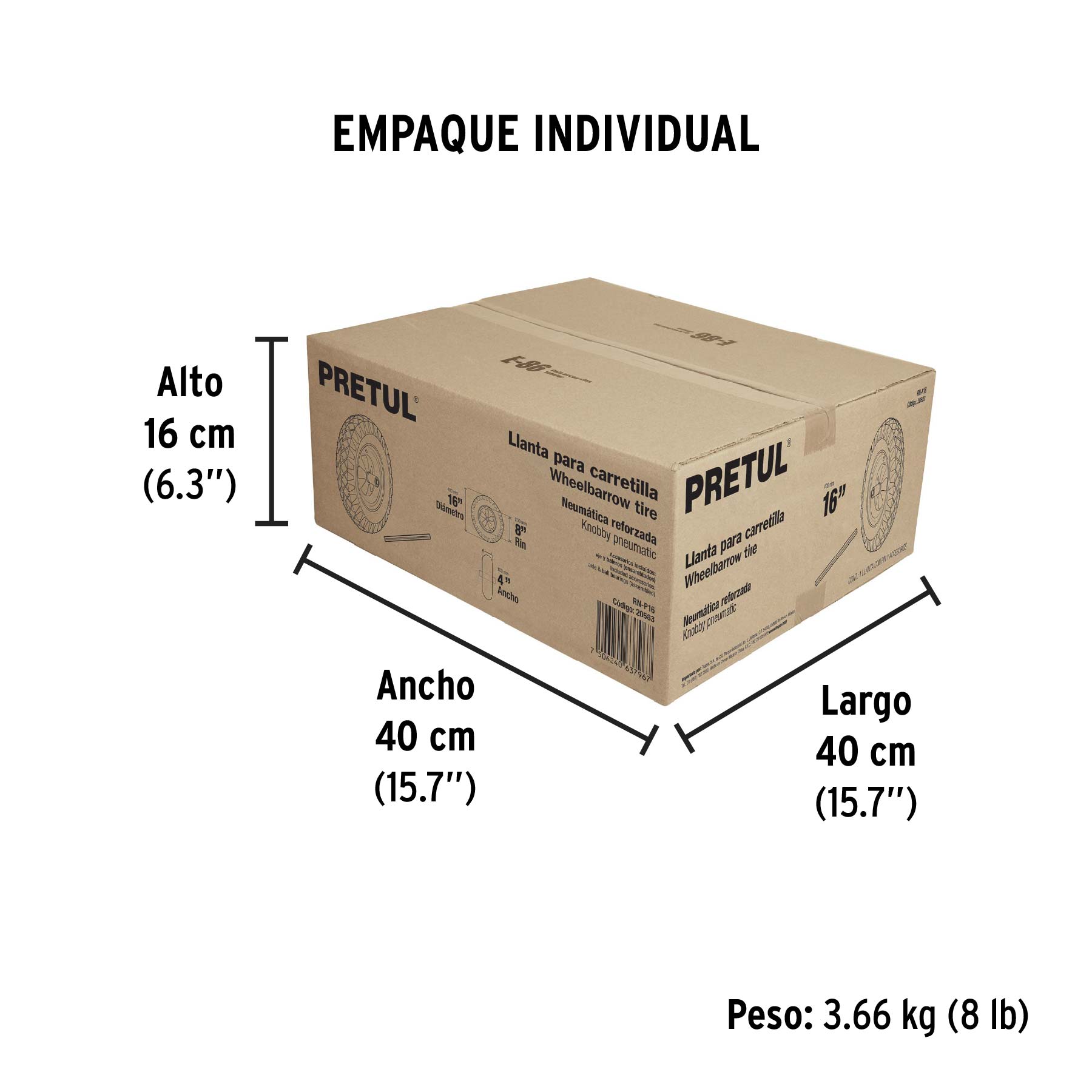 Llanta completa neumática 16", incluye eje y baleros, PRETUL - Empaque