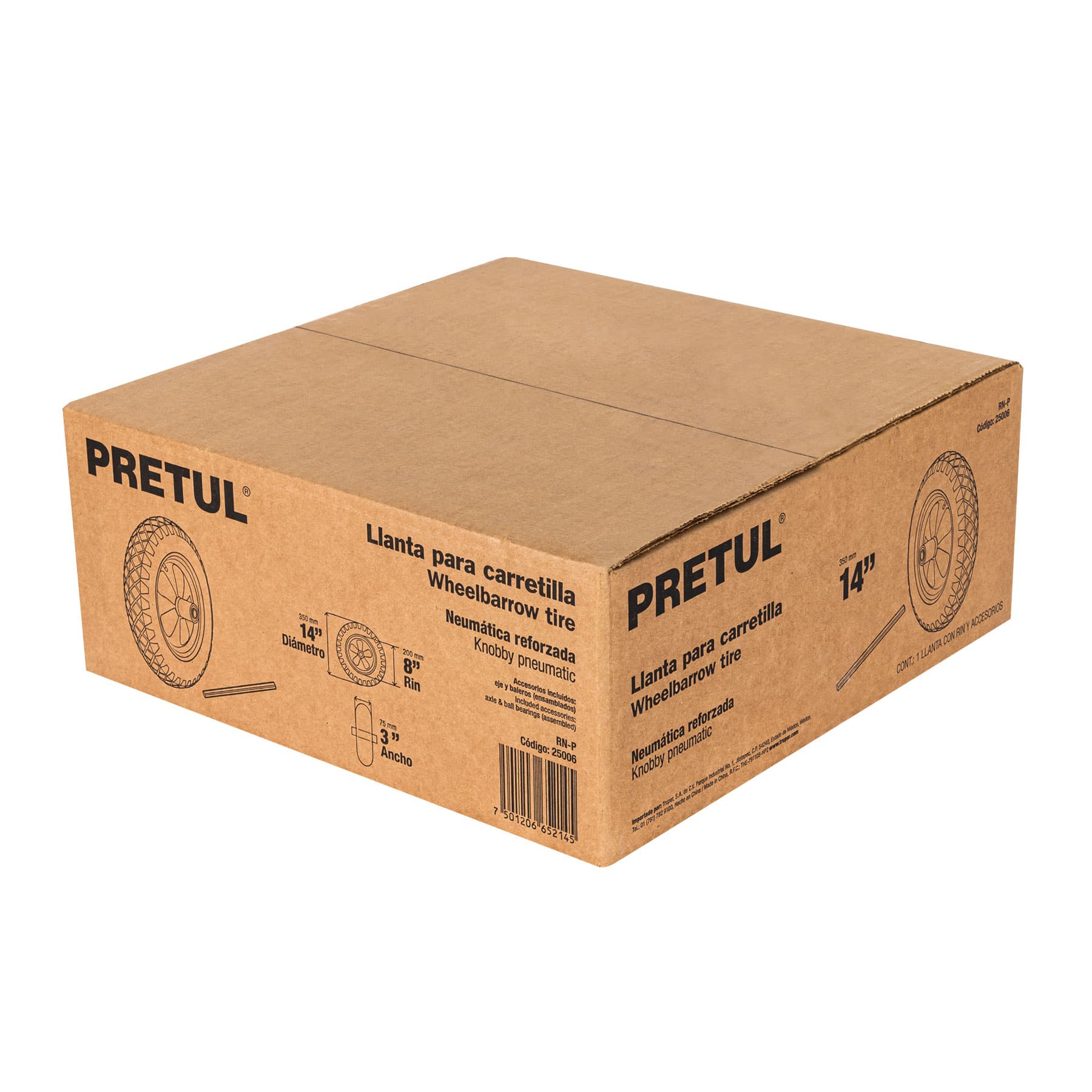 Llanta completa neumática 14", incluye eje y baleros, PRETUL