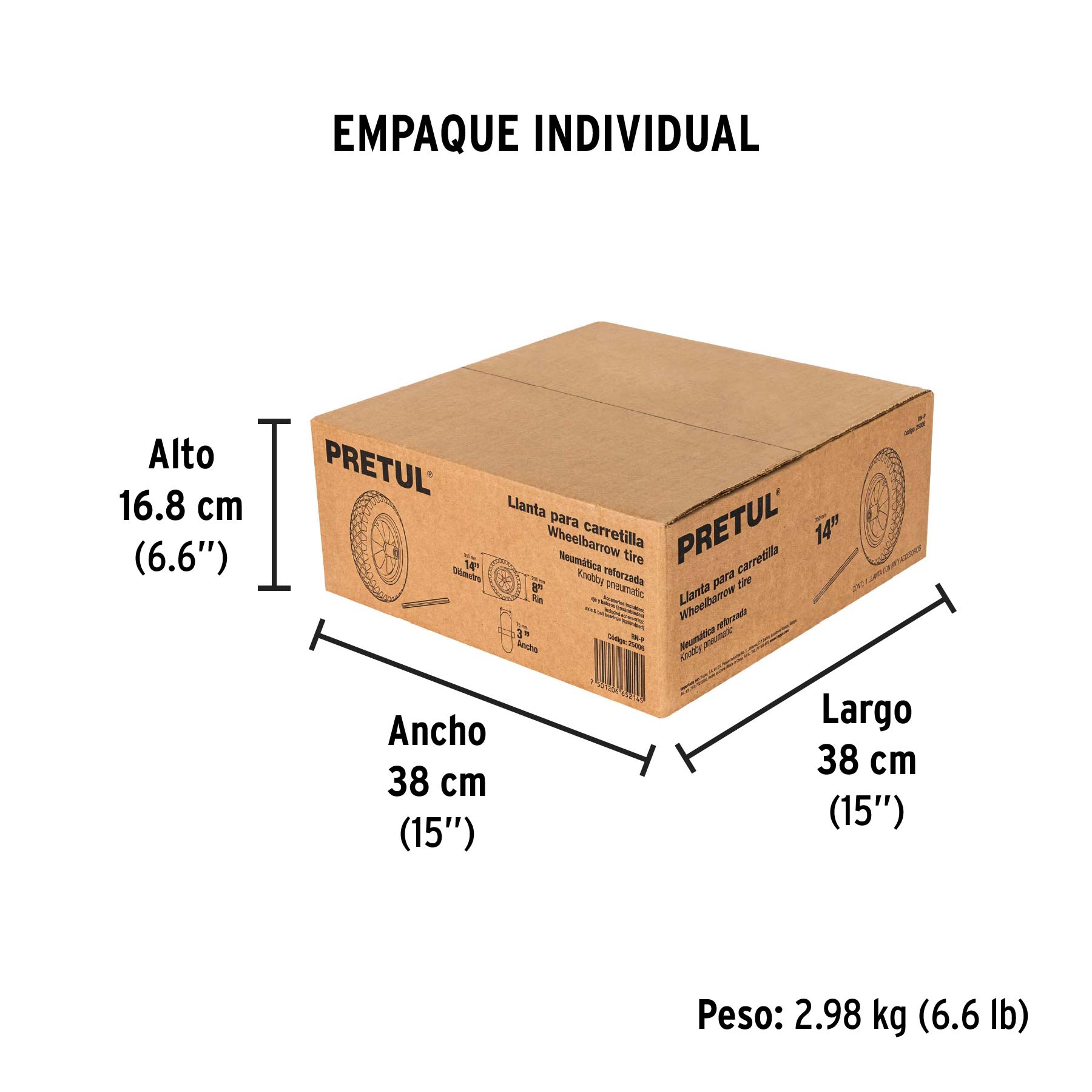 Llanta completa neumática 14", incluye eje y baleros, PRETUL - Empaque