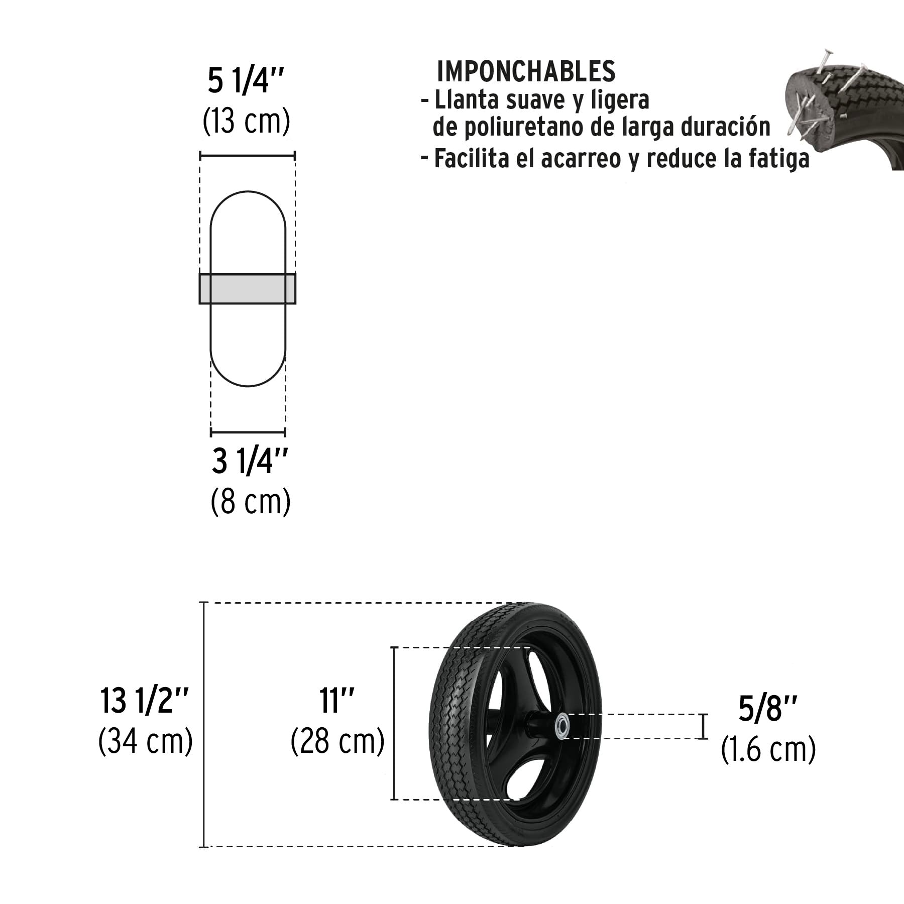 Llanta completa imponchable 13-1/2", incluye eje y baleros