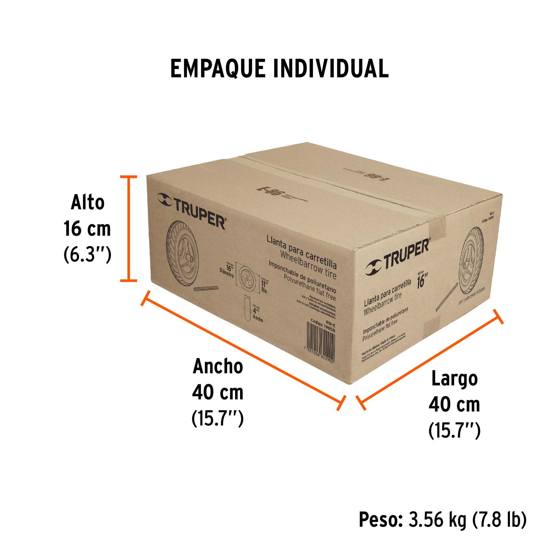 Llanta completa imponchable 16", incluye eje y baleros - Empaque