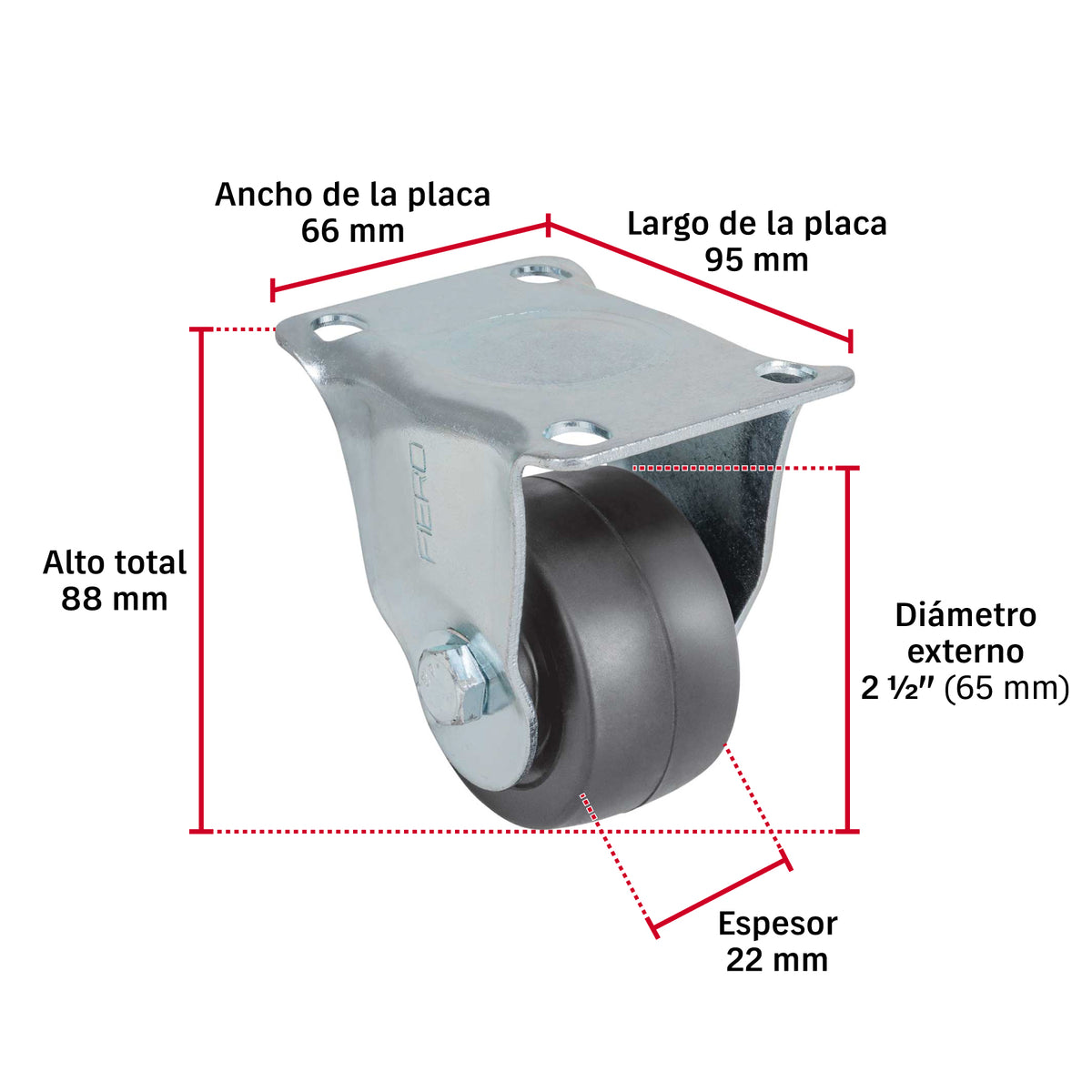 Rodaja uso múltiple 2-1/2", hule, placa fija, buje, FIERO
