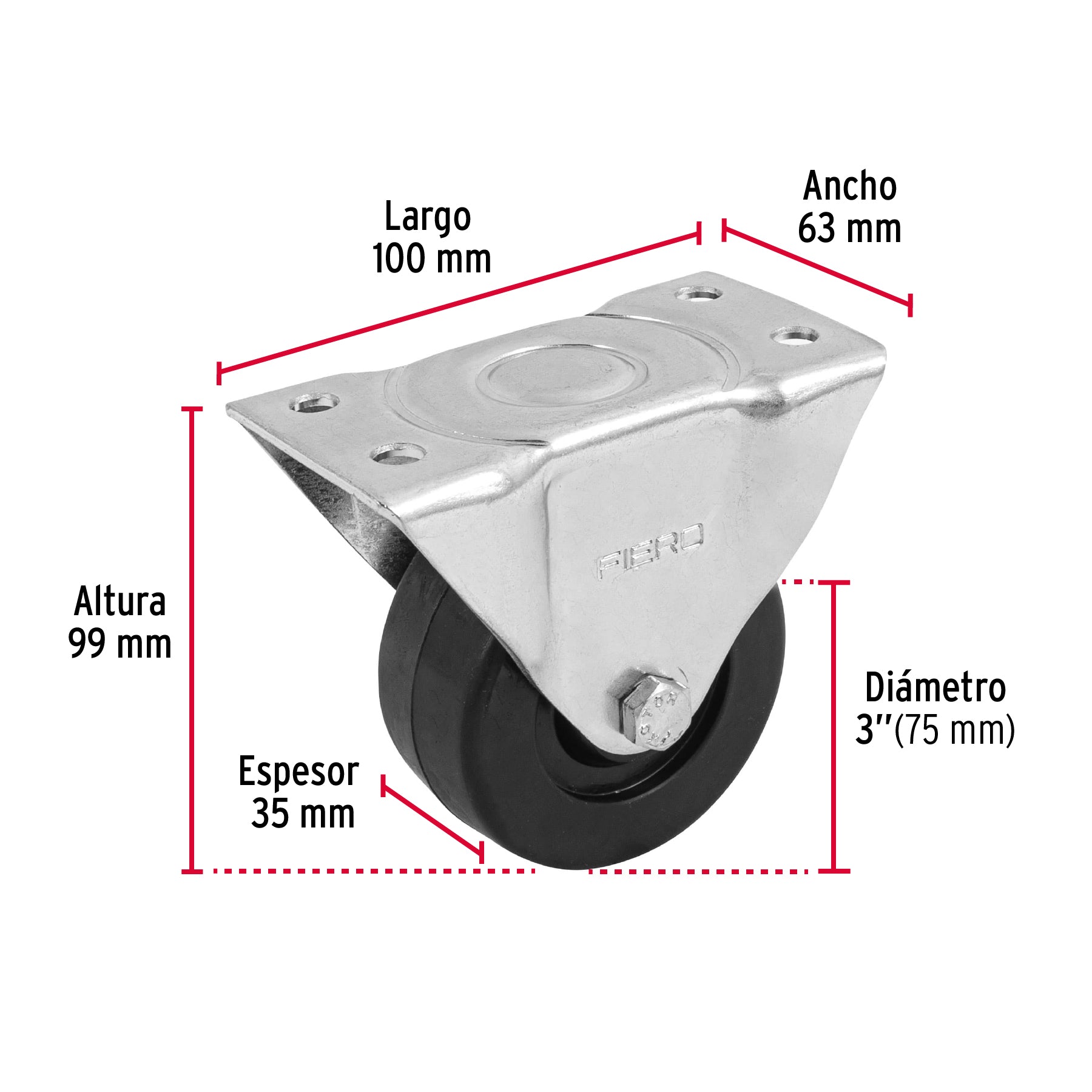 Rodaja hule 3", placa fija con buje, carga 50 kg, FIERO
