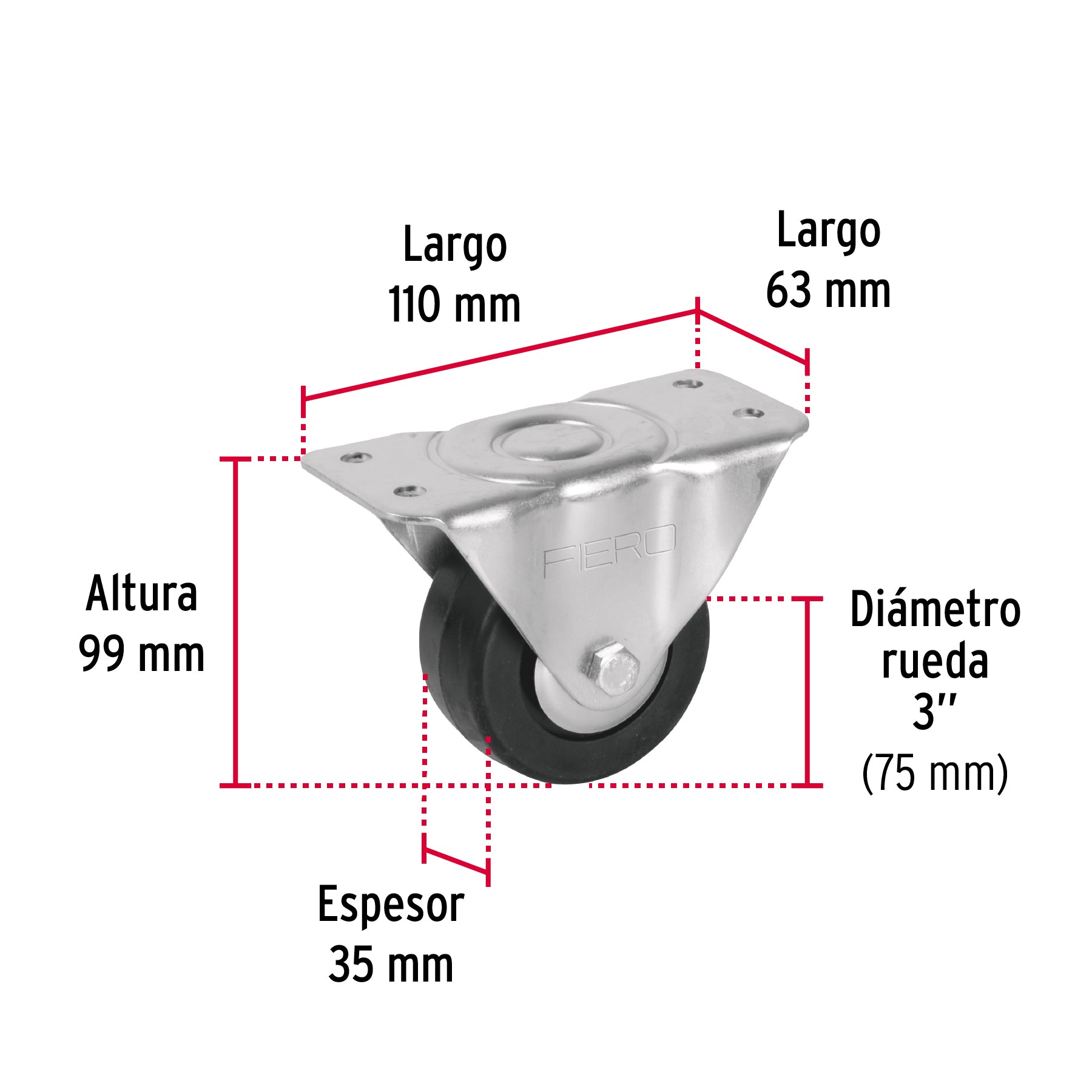 Rodaja hule 3", placa fija con balero, carga 60 kg, FIERO