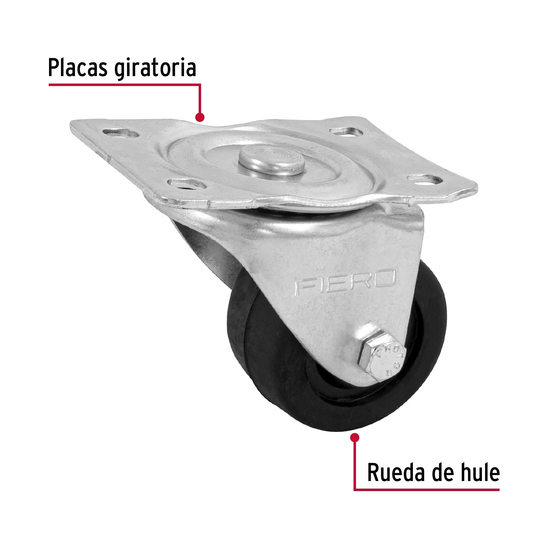 Rodaja hule 2-1/2" placa giratoria c/buje, carga 50kg, FIERO