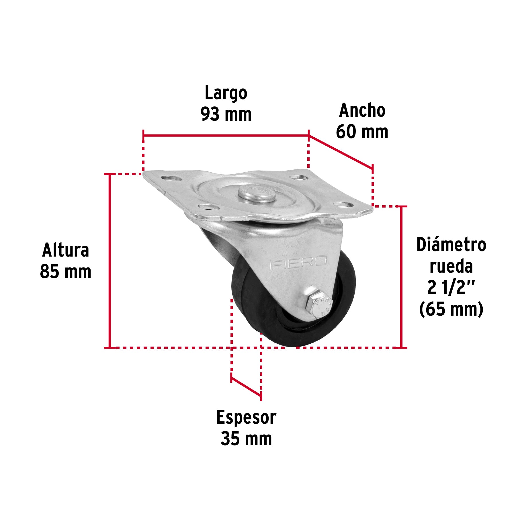 Rodaja hule 2-1/2" placa giratoria c/buje, carga 50kg, FIERO