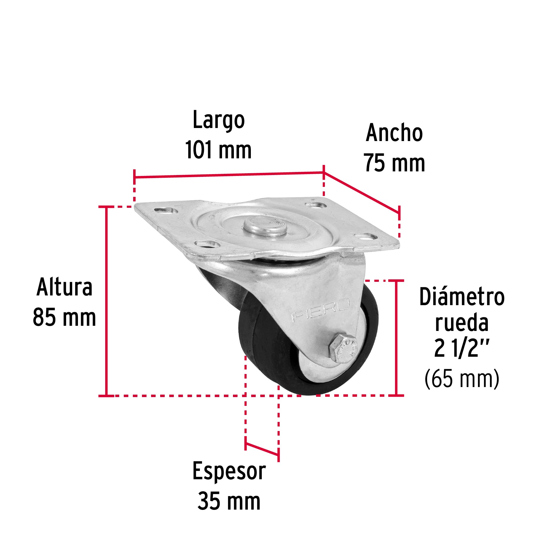 Rodaja hule 2-1/2", placa giratoria c/balero, carga 50kg