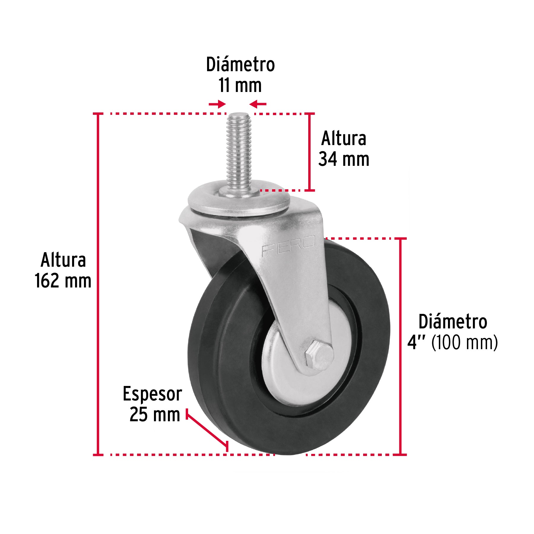 Rodaja hule 4", con espiga roscada, carga 50kg, FIERO
