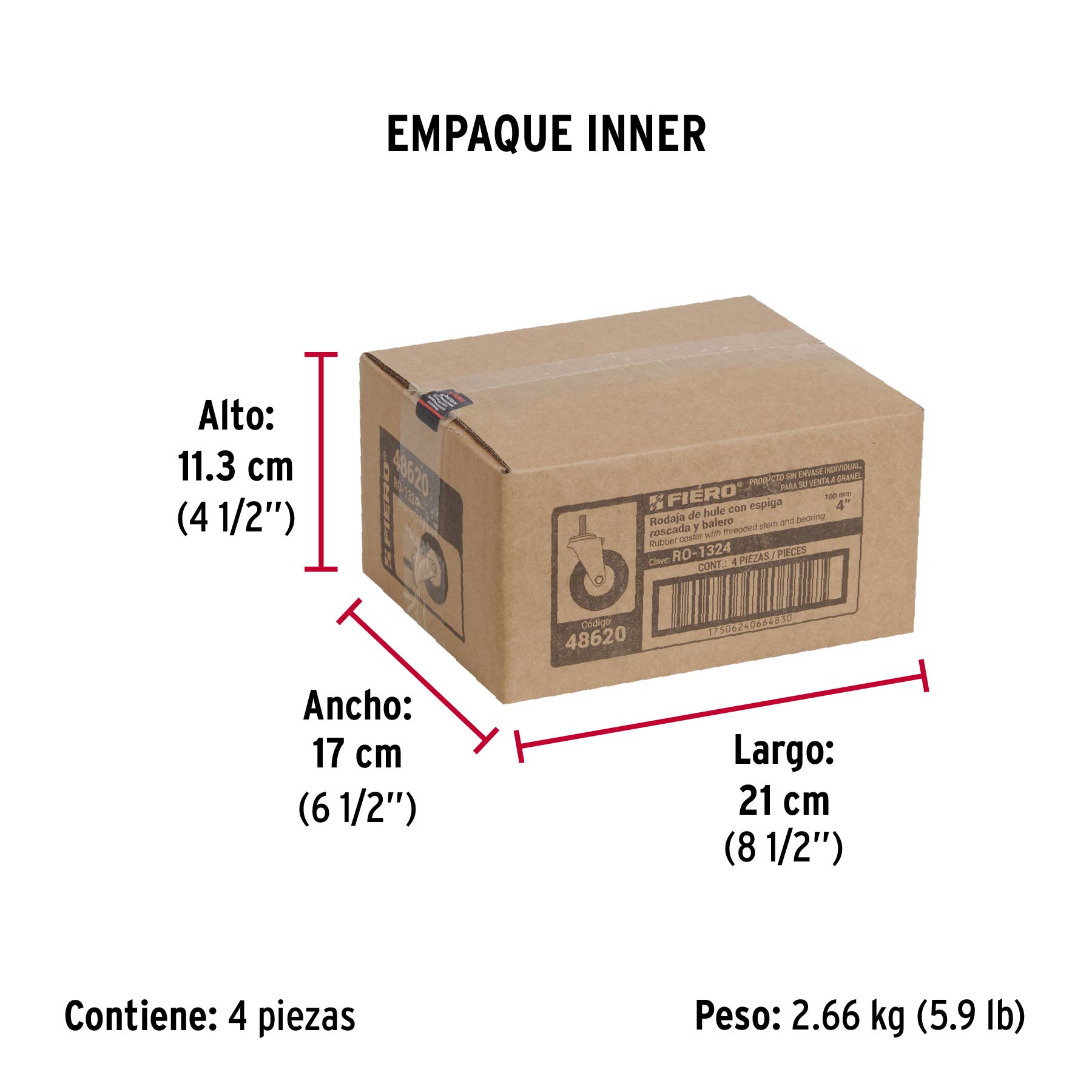 Rodaja hule 4", con espiga roscada, carga 50kg, FIERO - Empaque