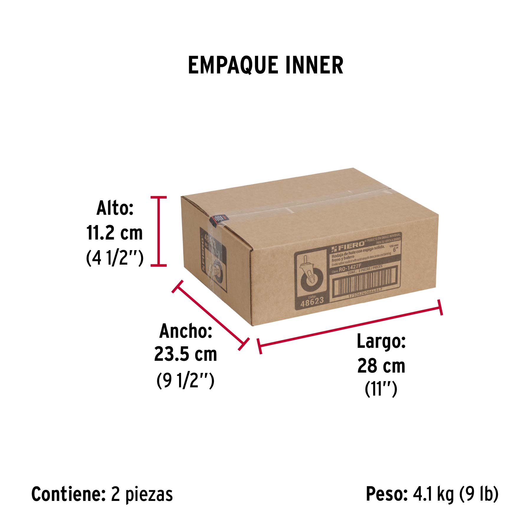 Rodaja hule 6" con espiga sólida y freno, carga 125kg, FIERO - Empaque