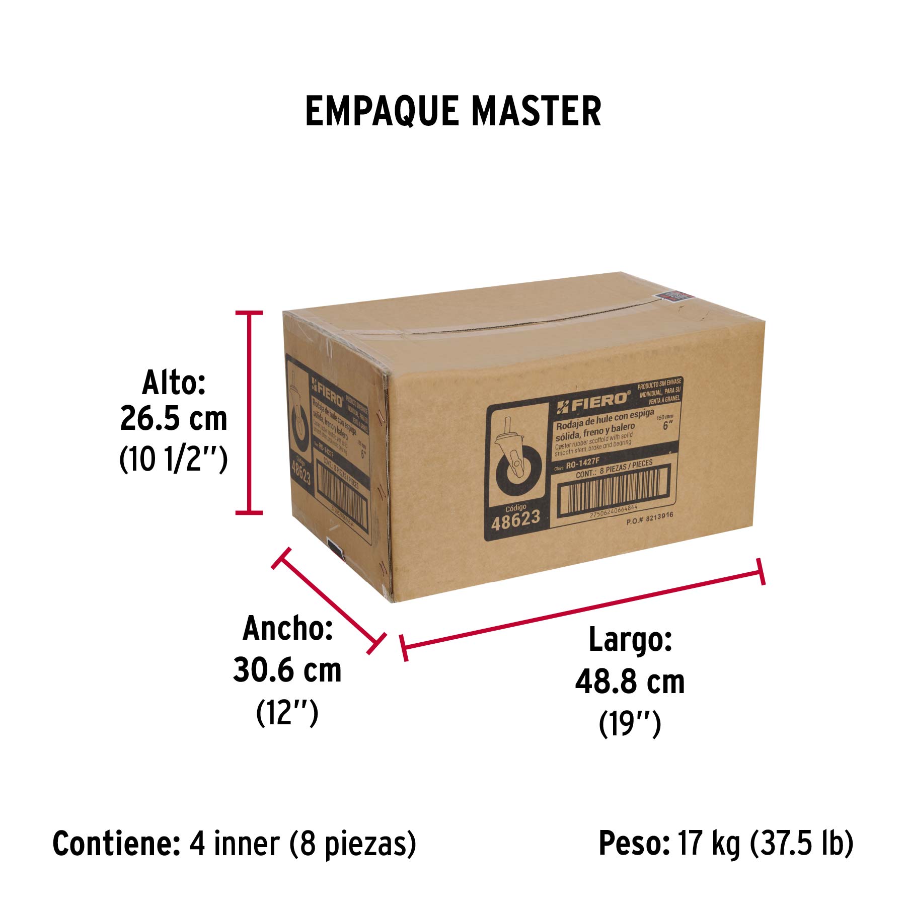 Rodaja hule 6" con espiga sólida y freno, carga 125kg, FIERO - Empaque