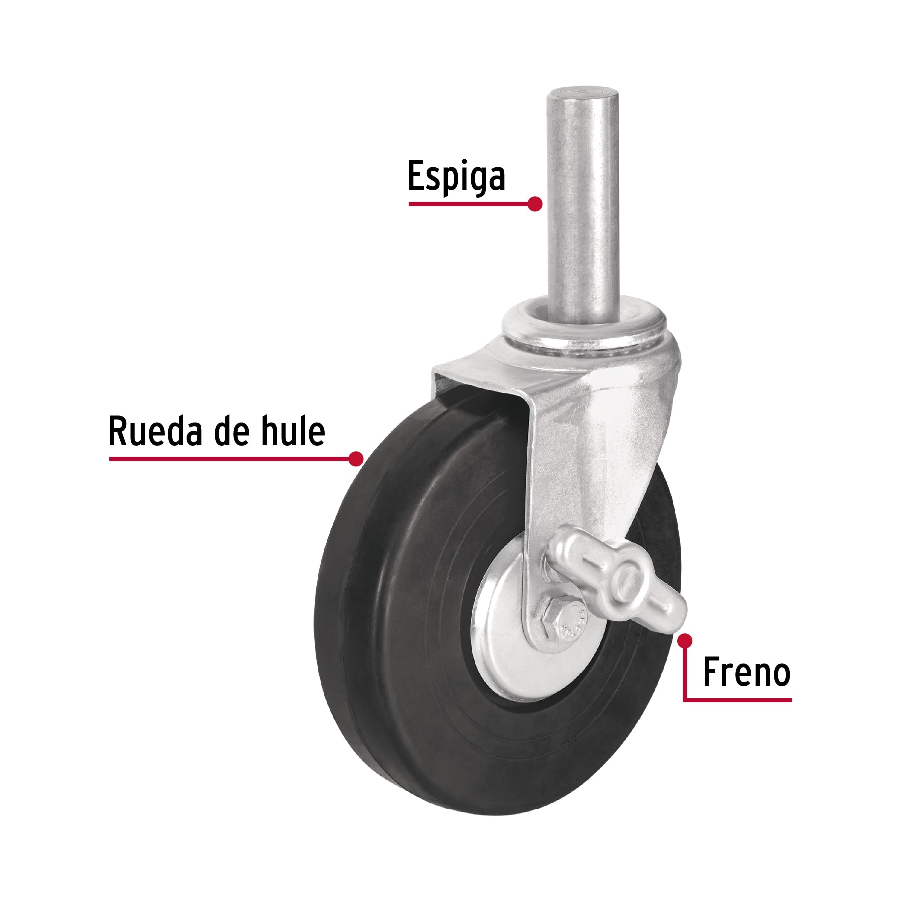 Rodaja hule 6" con espiga sólida y freno, carga 125kg, FIERO