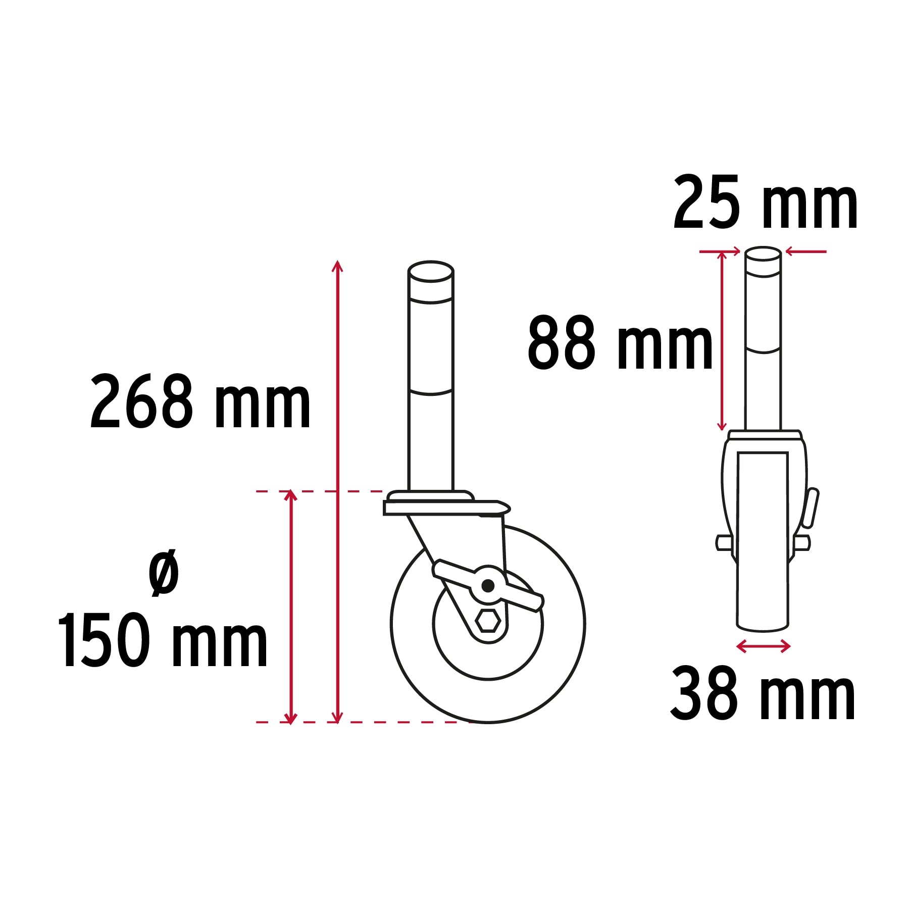 Rodaja hule 6" con espiga sólida y freno, carga 125kg, FIERO