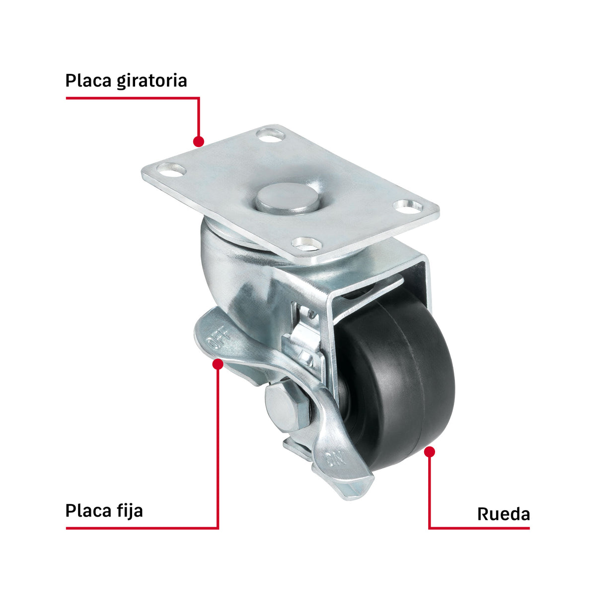 Rodaja uso múltiple 2-1/2", hule, giratoria con freno, buje
