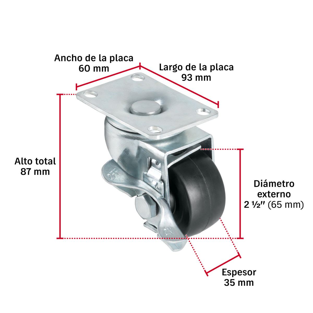 Rodaja uso múltiple 2-1/2", hule, giratoria con freno, buje