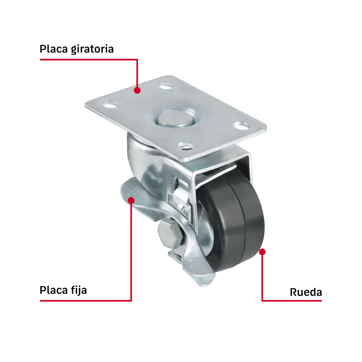 Rodaja uso múltiple 2-1/2", hule, giratoria c/freno, balero