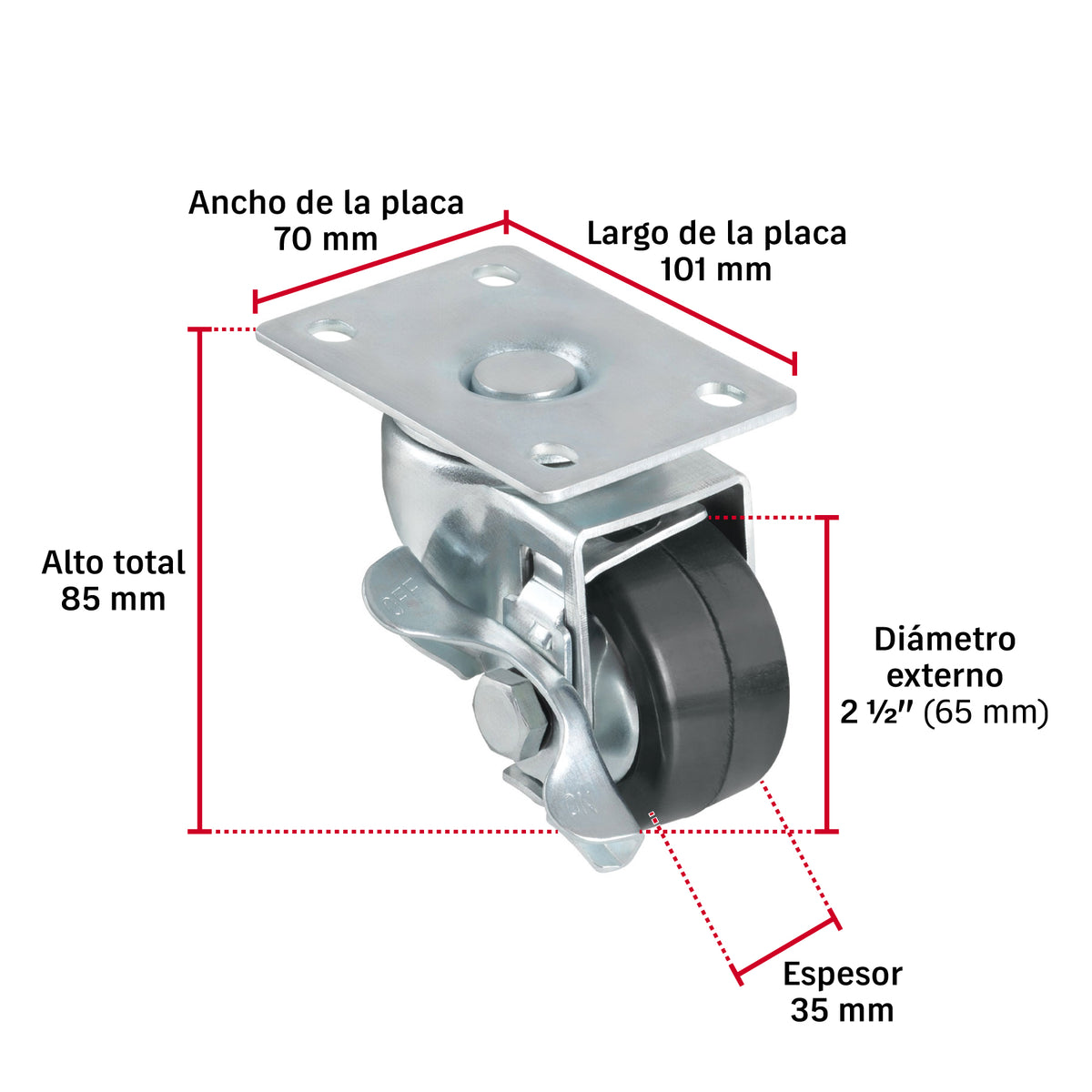 Rodaja uso múltiple 2-1/2", hule, giratoria c/freno, balero