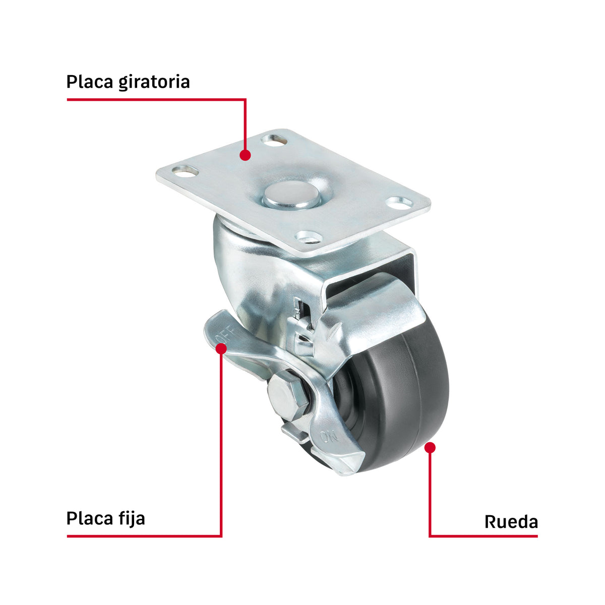 Rodaja uso múltiple 3", hule, giratoria con freno, buje