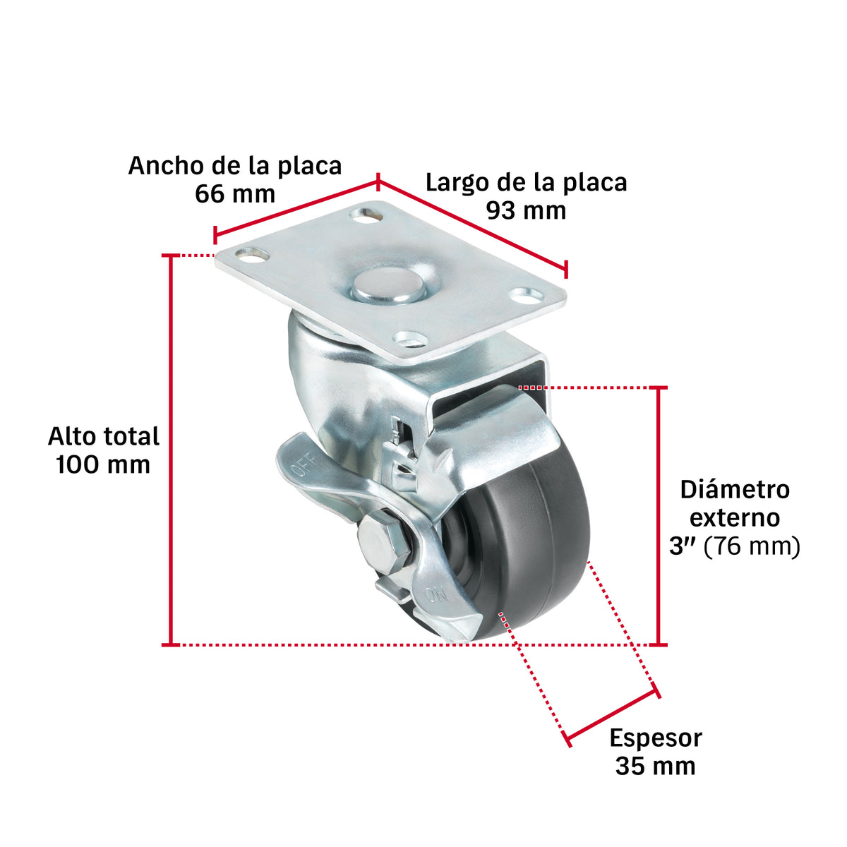 Rodaja uso múltiple 3", hule, giratoria con freno, buje