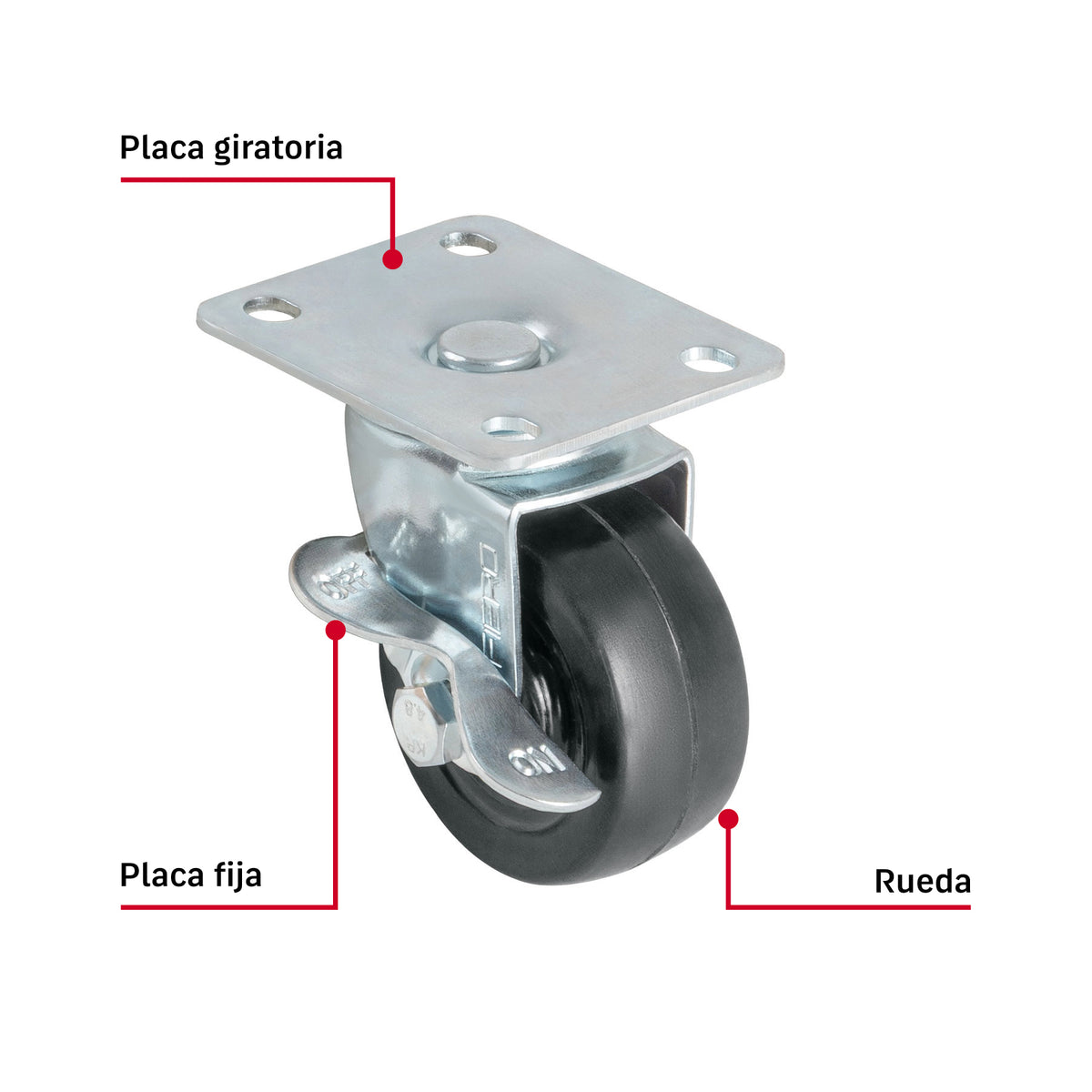 Rodaja uso múltiple 3", hule, giratoria con freno, balero