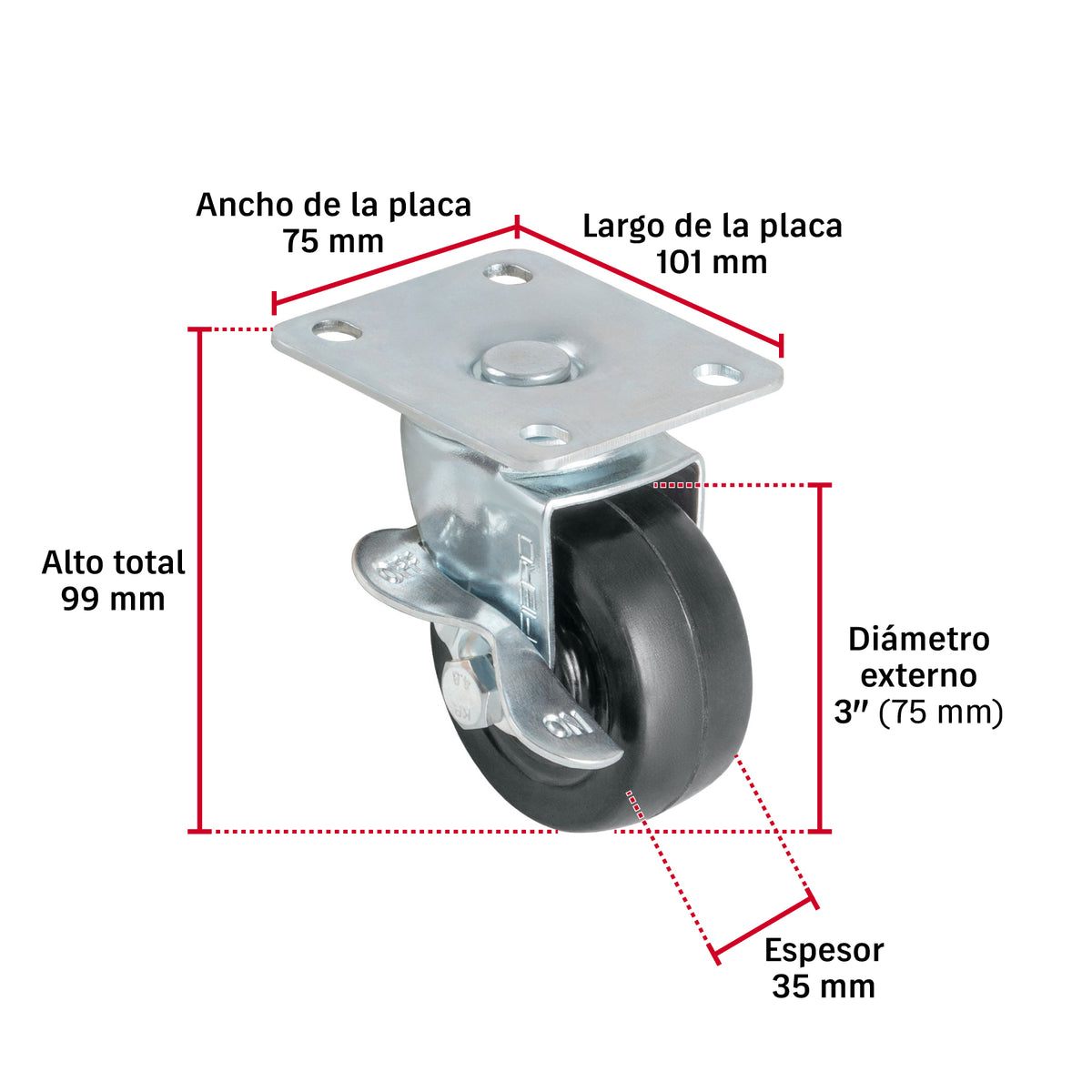 Rodaja uso múltiple 3", hule, giratoria con freno, balero