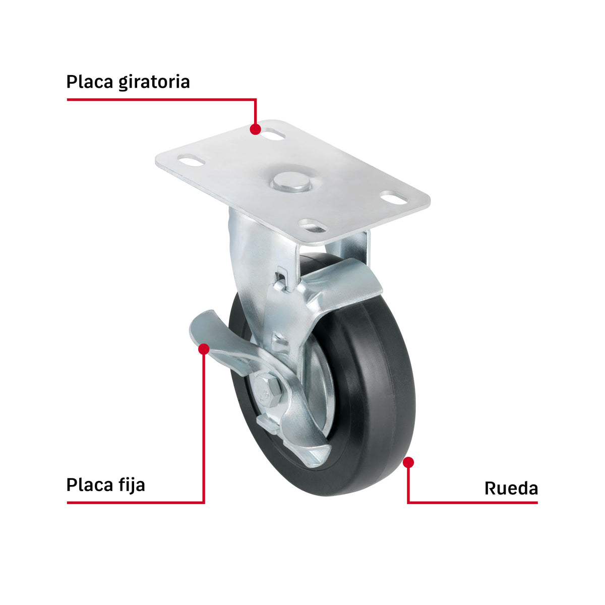 Rodaja uso múltiple 4", hule, giratoria c/freno, balero,50kg
