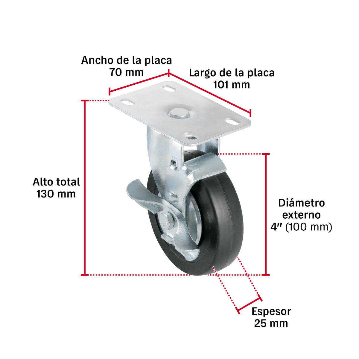 Rodaja uso múltiple 4", hule, giratoria c/freno, balero,50kg