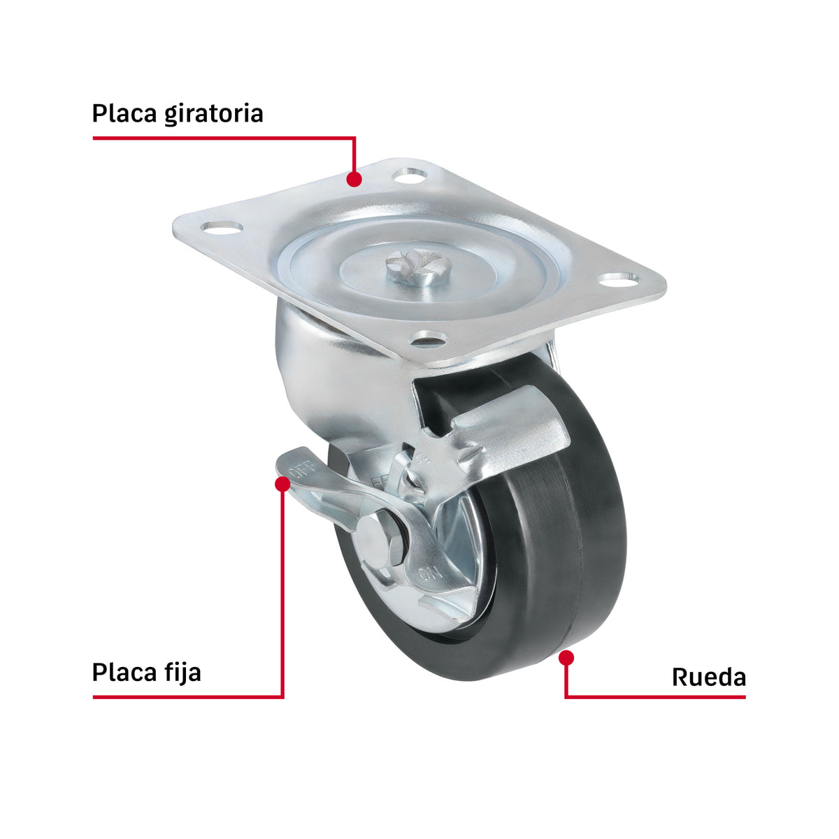 Rodaja uso múltiple 4", hule, giratoria c/freno, balero100kg