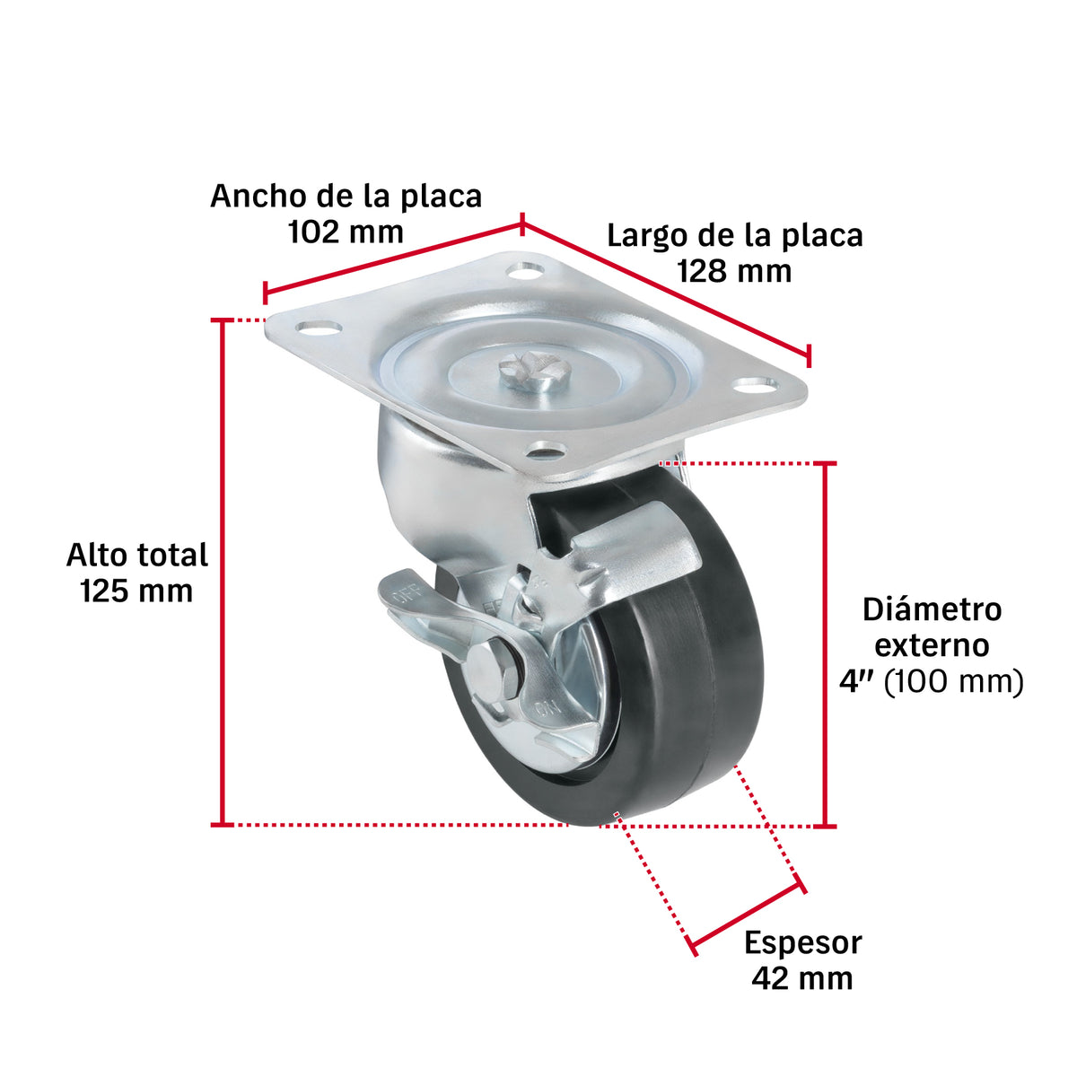 Rodaja uso múltiple 4", hule, giratoria c/freno, balero100kg