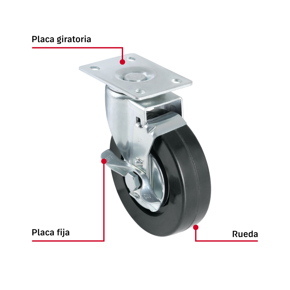 Rodaja uso múltiple 5", hule, giratoria con freno, balero