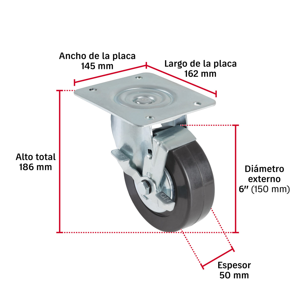 Rodaja uso múltiple 6", hule, giratoria con freno, balero
