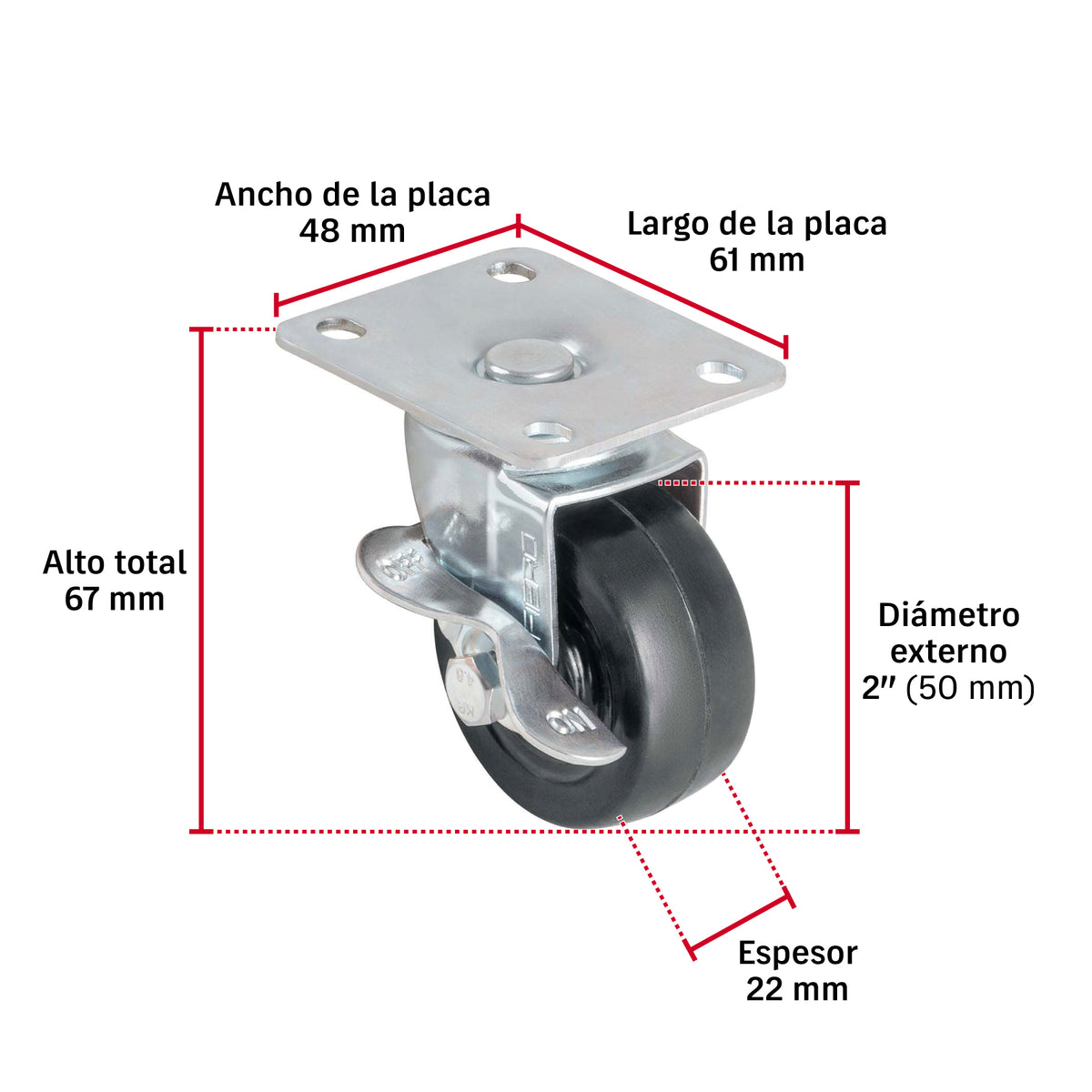 Rodaja uso múltiple 2", hule, giratoria con freno, buje