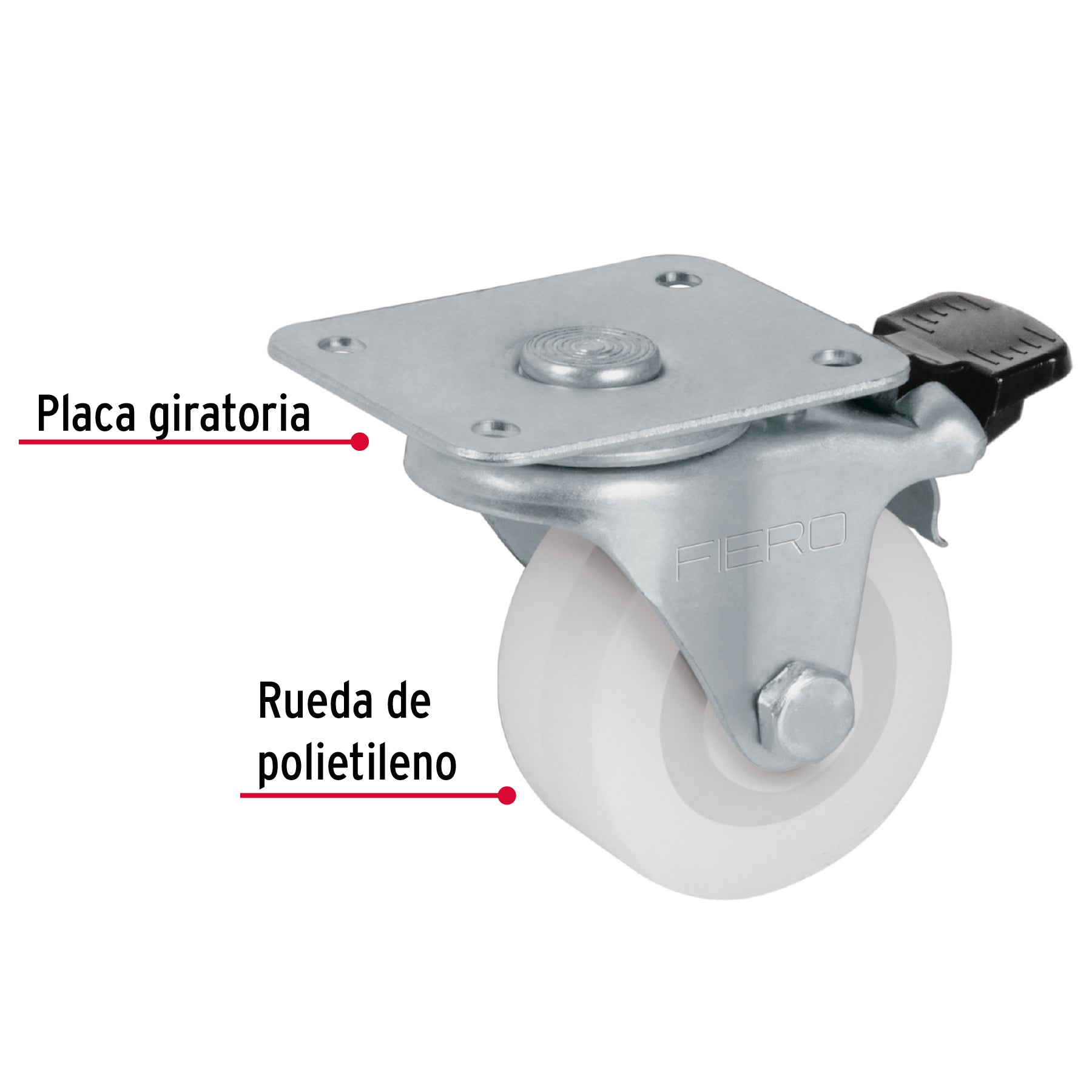 Rodaja de polietileno 2" placa giratoria, con freno, FIERO