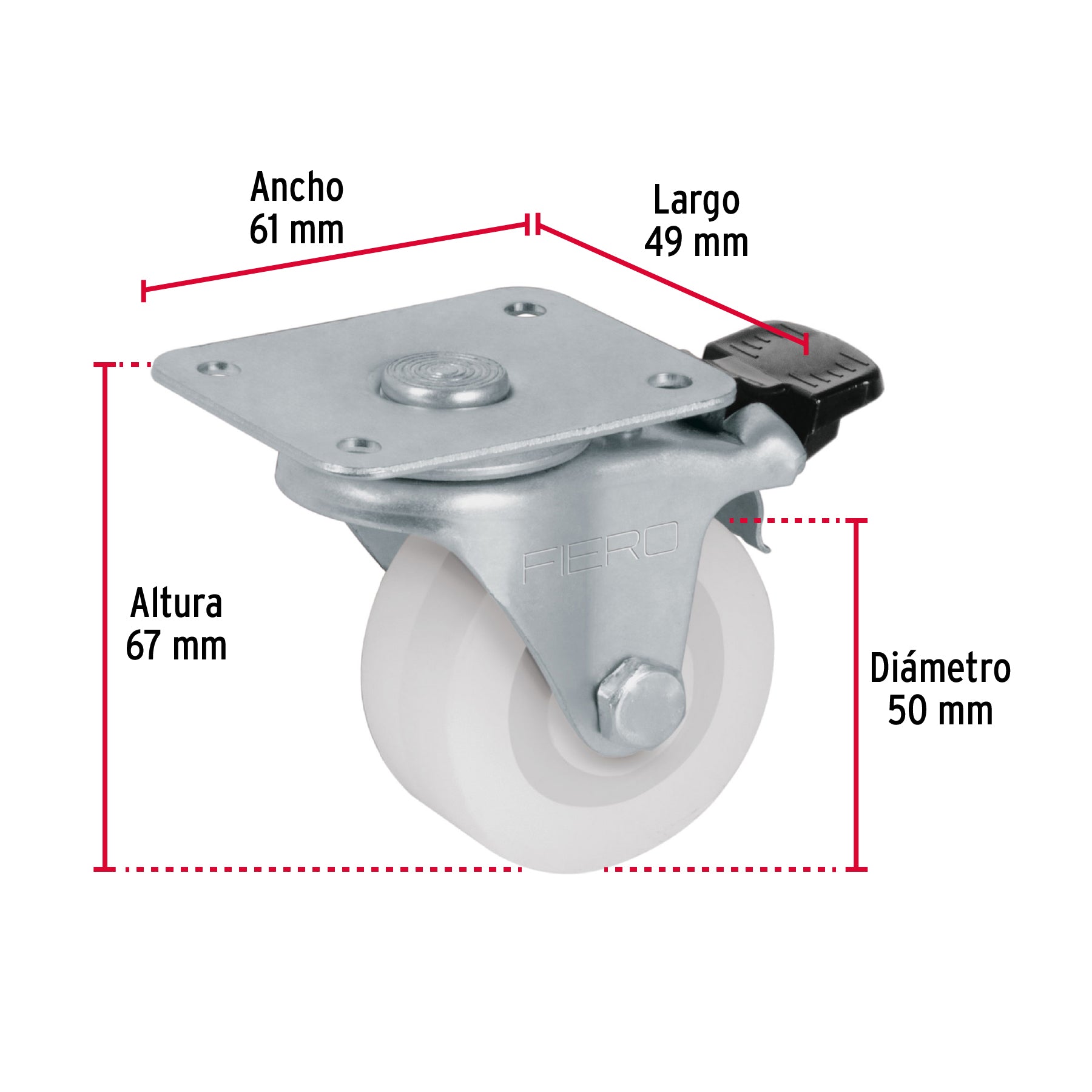 Rodaja de polietileno 2" placa giratoria, con freno, FIERO