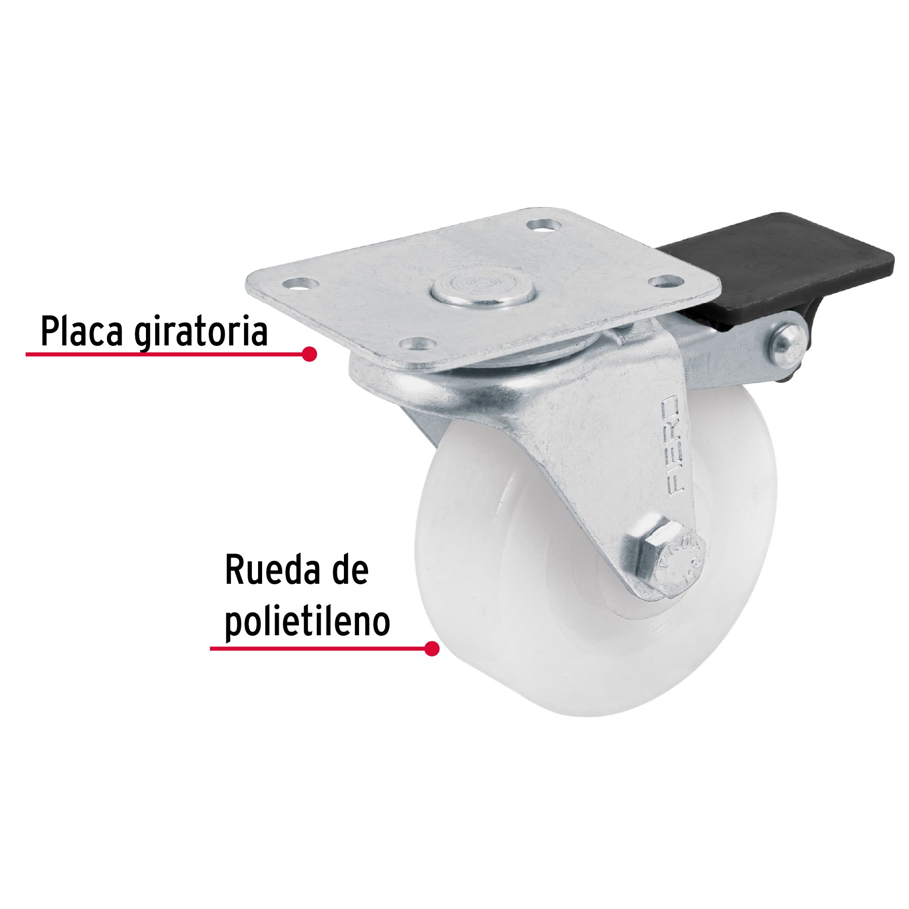 Rodaja de polietileno 2-1/2" placa giratoria con freno FIERO