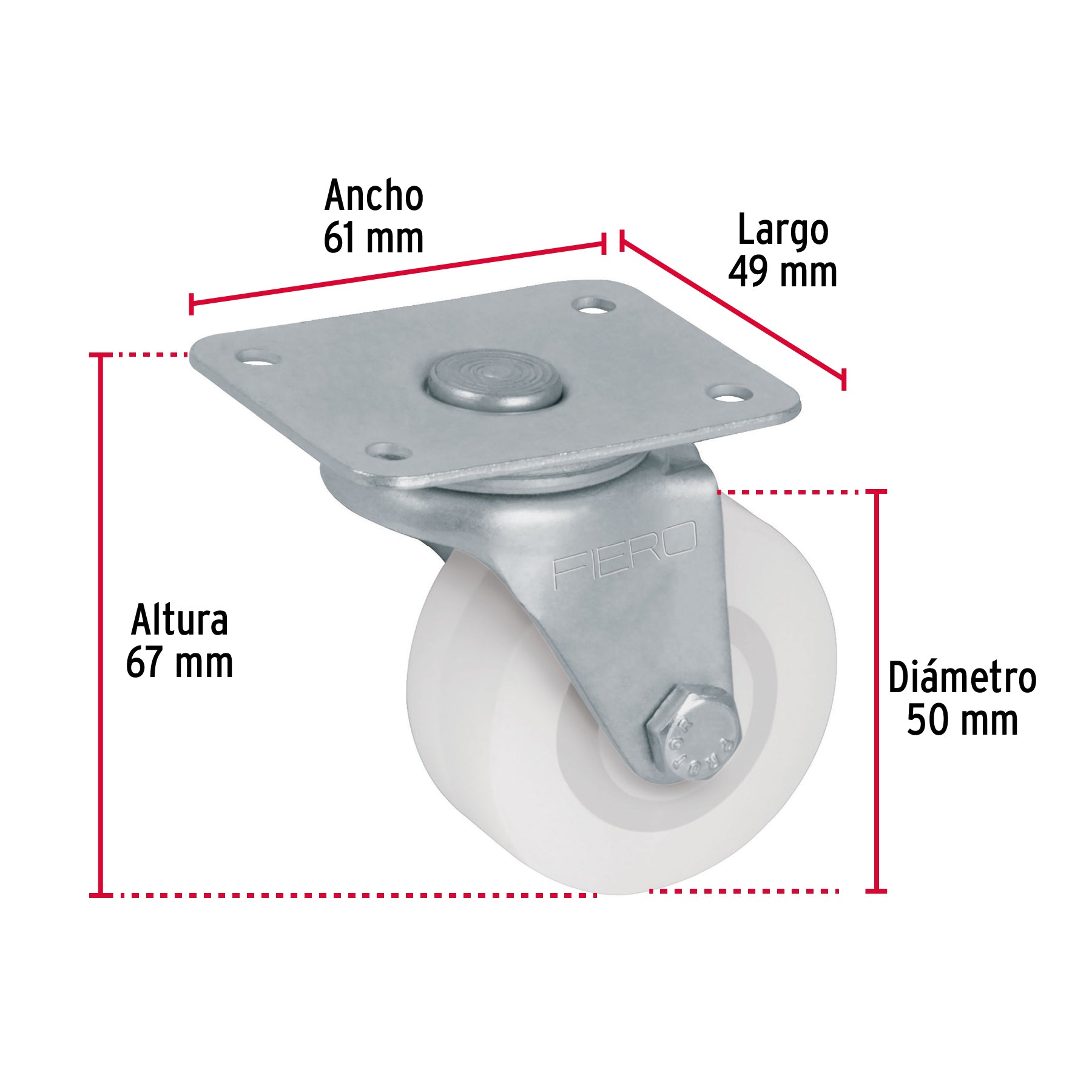 Rodaja de polietileno 2" placa giratoria, con buje, FIERO