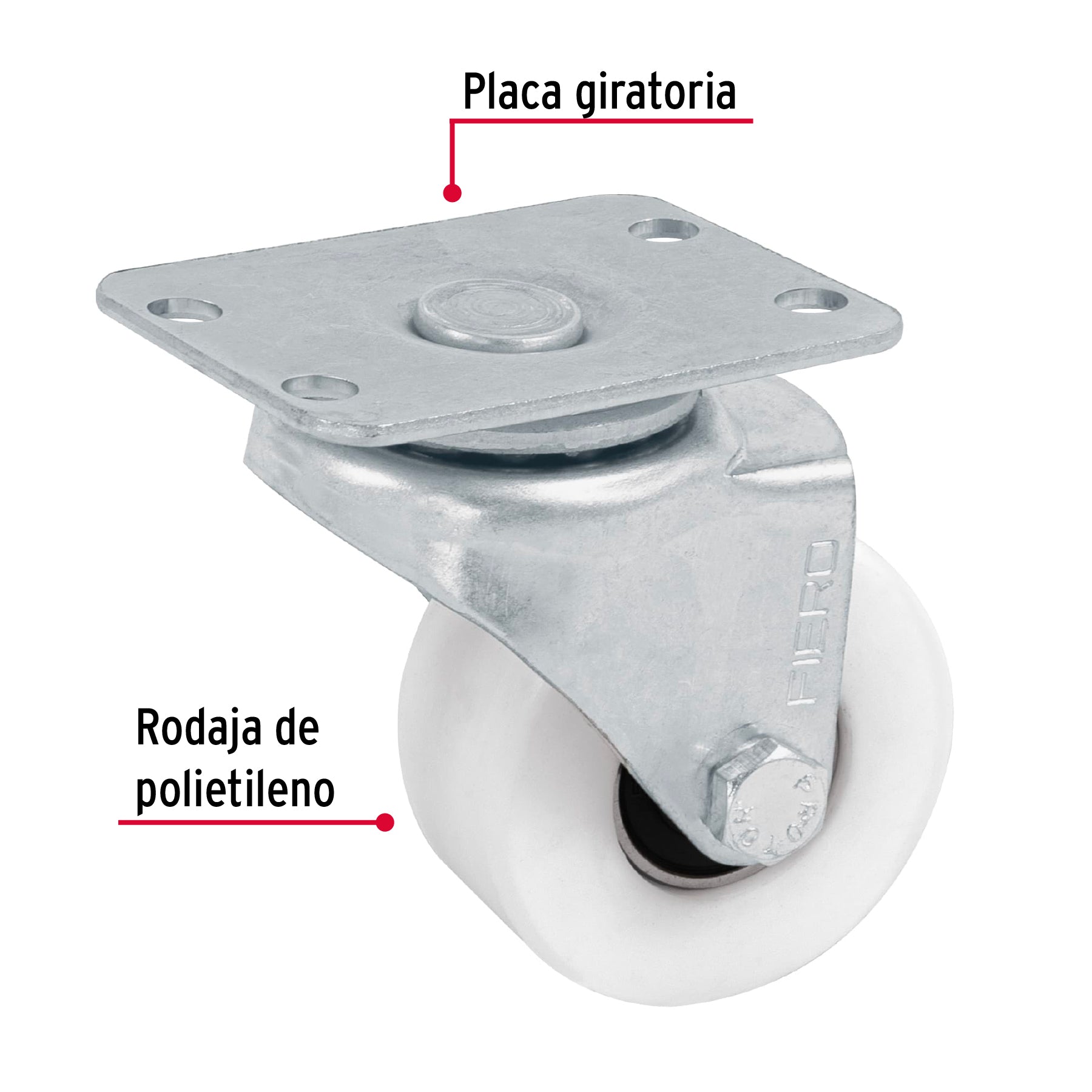 Rodaja de polietileno 2" placa giratoria, con balero, FIERO