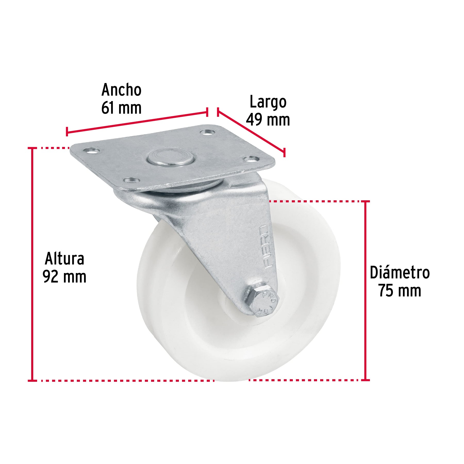Rodaja de polietileno 3" placa giratoria, con buje, FIERO