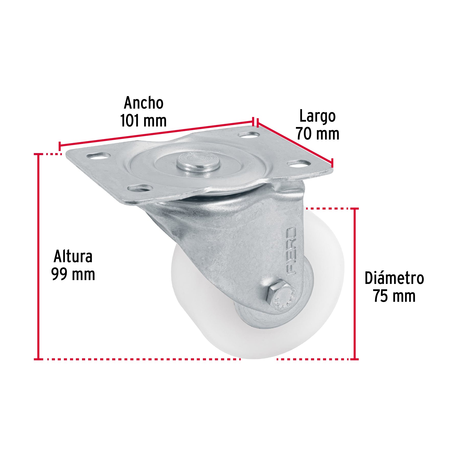 Rodaja de polietileno 3" placa giratoria, con balero, FIERO