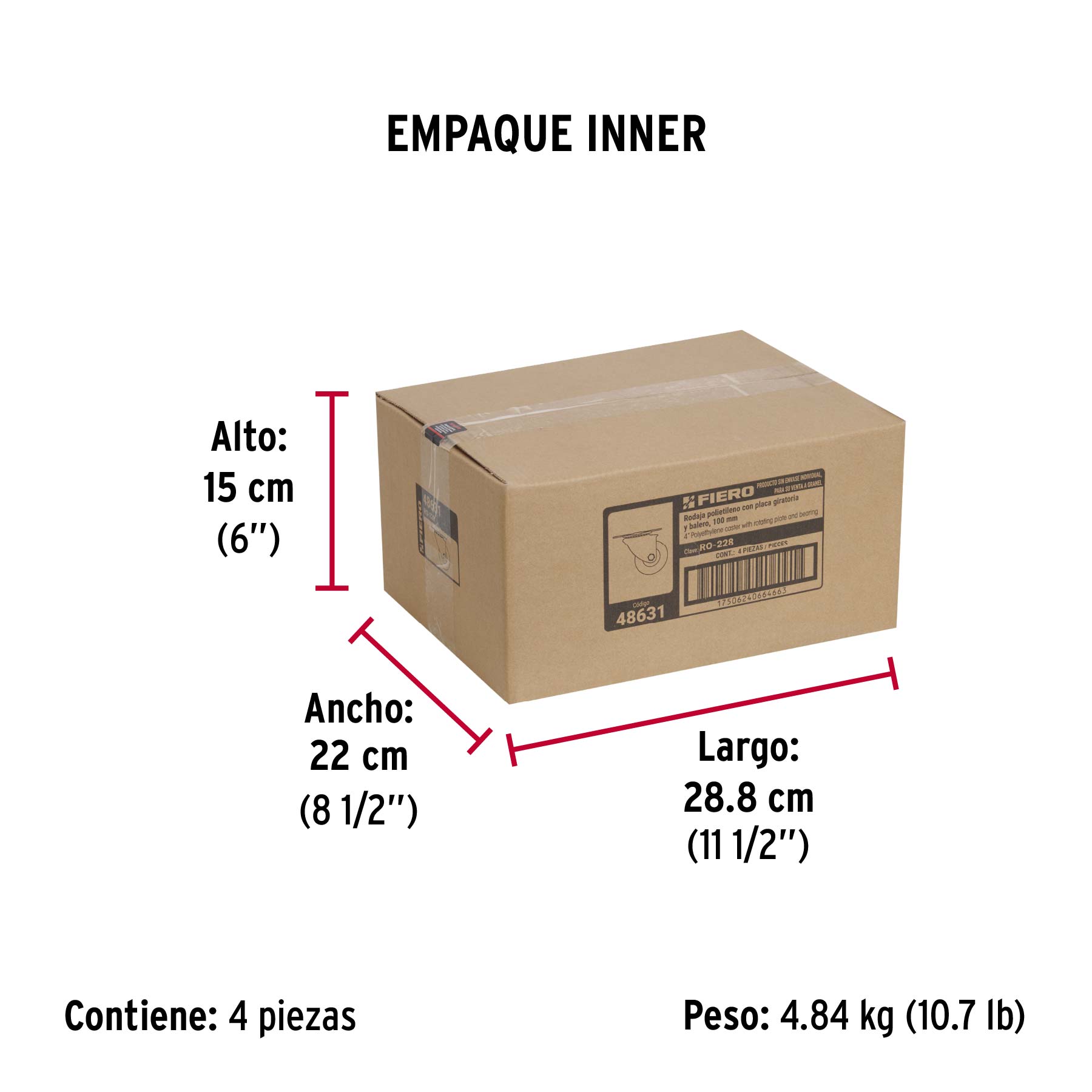 Rodaja de polietileno 4" placa giratoria, con balero, FIERO - Empaque