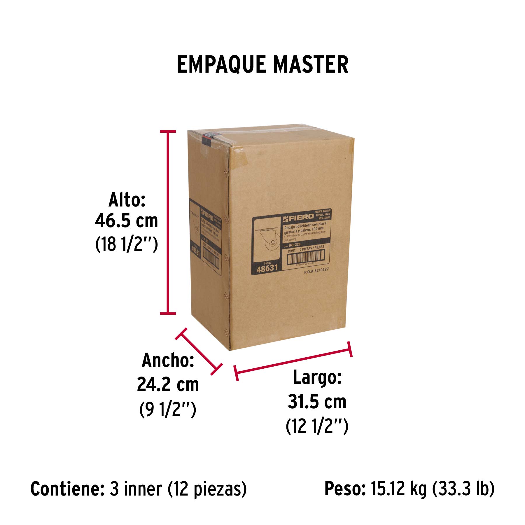 Rodaja de polietileno 4" placa giratoria, con balero, FIERO - Empaque